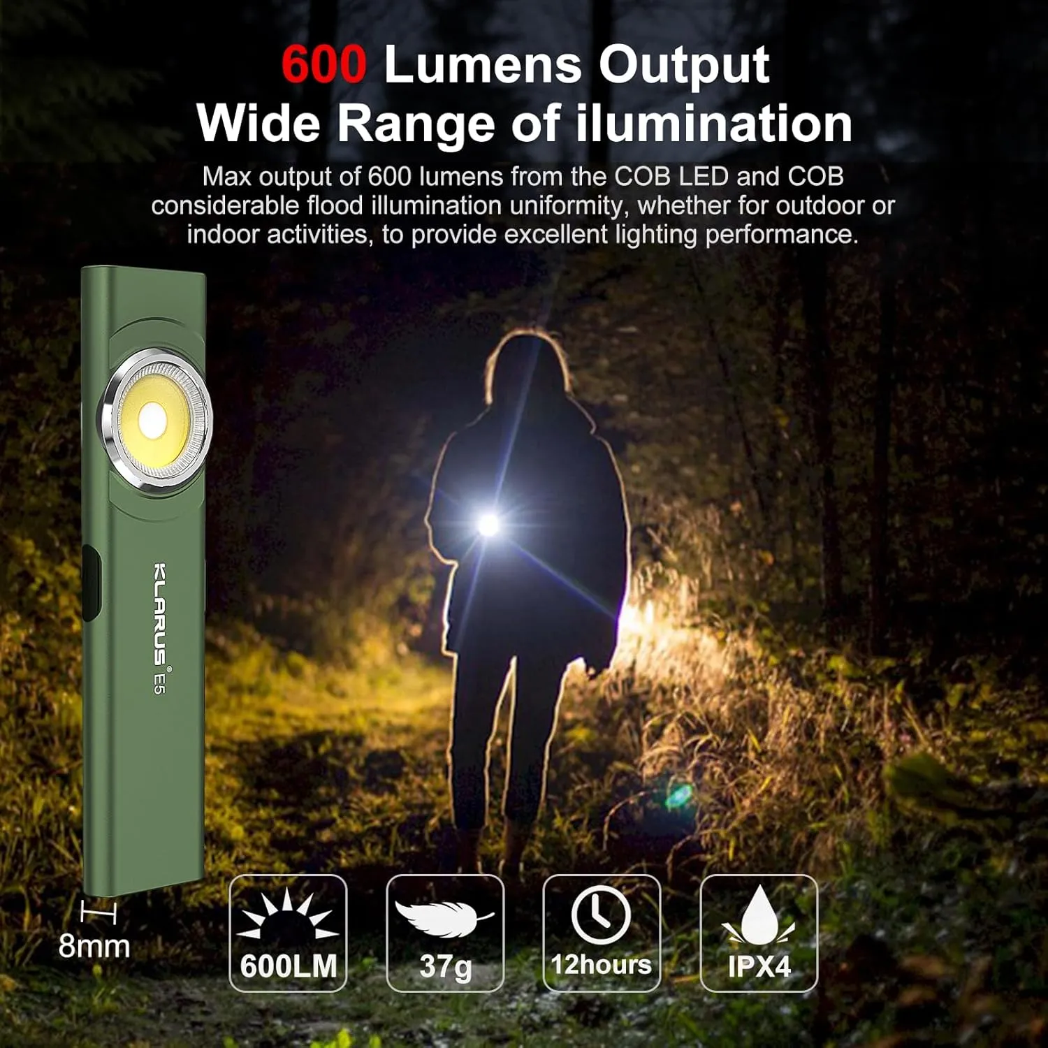 klarus E5 2Pcs Pocket Flashlight, Rechargeable EDC Flashlight, Super Slim 4.2x1x0.3inch, 600 Lumens, USB-C Port, IPX4, Dual Light Source with Magnetic Base, Hat & Clothes Clip