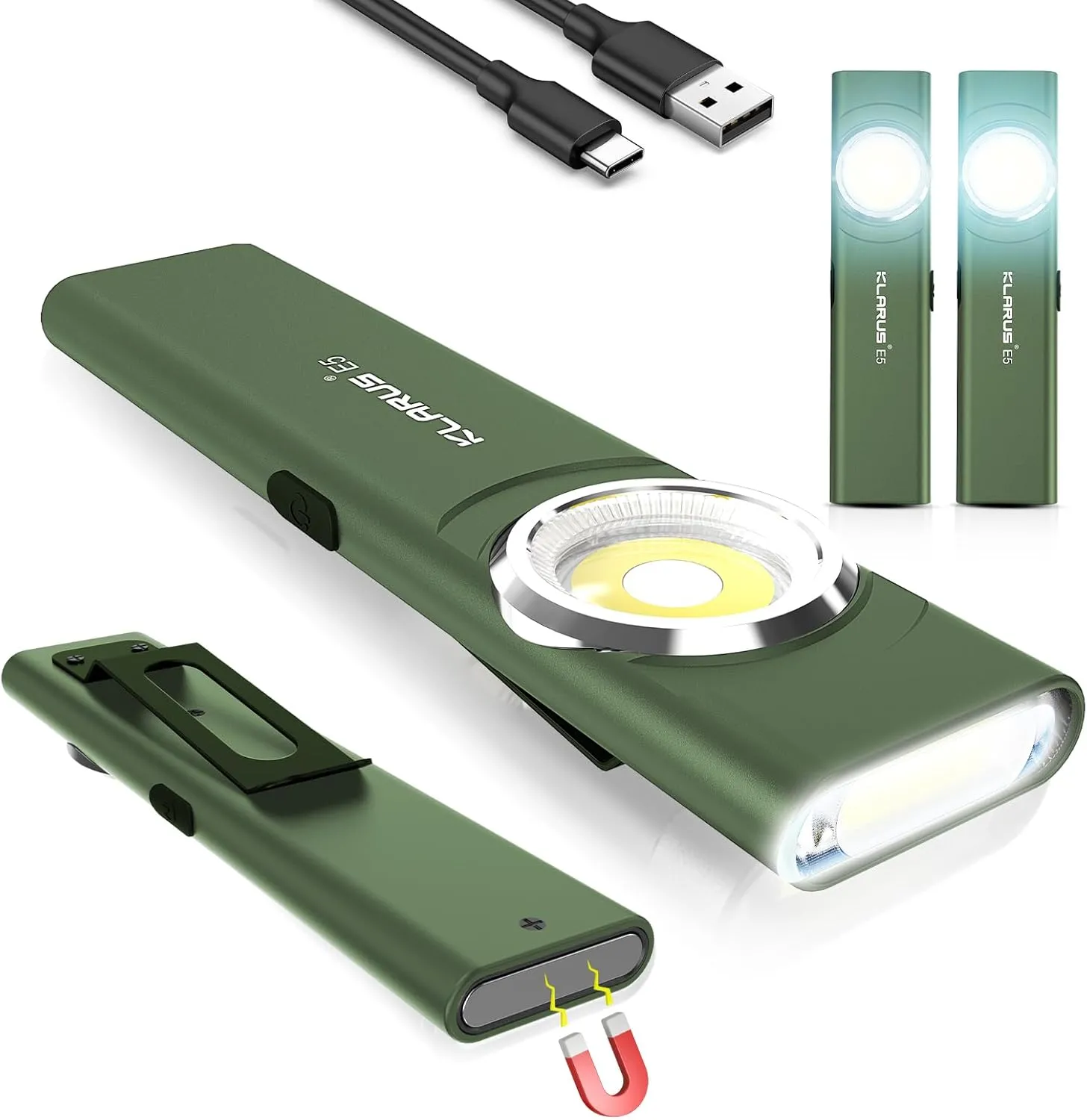 klarus E5 2Pcs Pocket Flashlight, Rechargeable EDC Flashlight, Super Slim 4.2x1x0.3inch, 600 Lumens, USB-C Port, IPX4, Dual Light Source with Magnetic Base, Hat & Clothes Clip