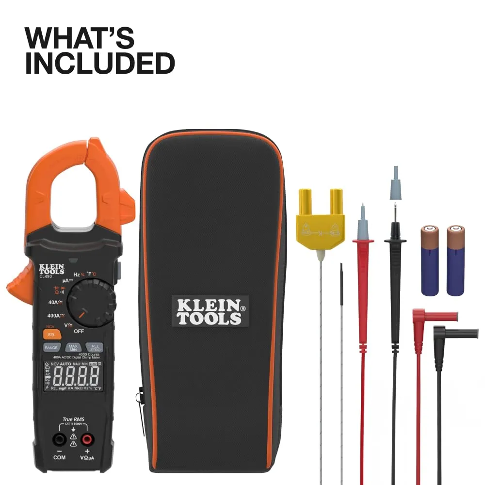 Klein Tools CL490 AC/DC Digital Clamp Meter with TRMS, Dual Display, Auto-Ranging, Current, Voltage, Resistance, Continuity, NCVT Detection, and Reverse Contrast LCD