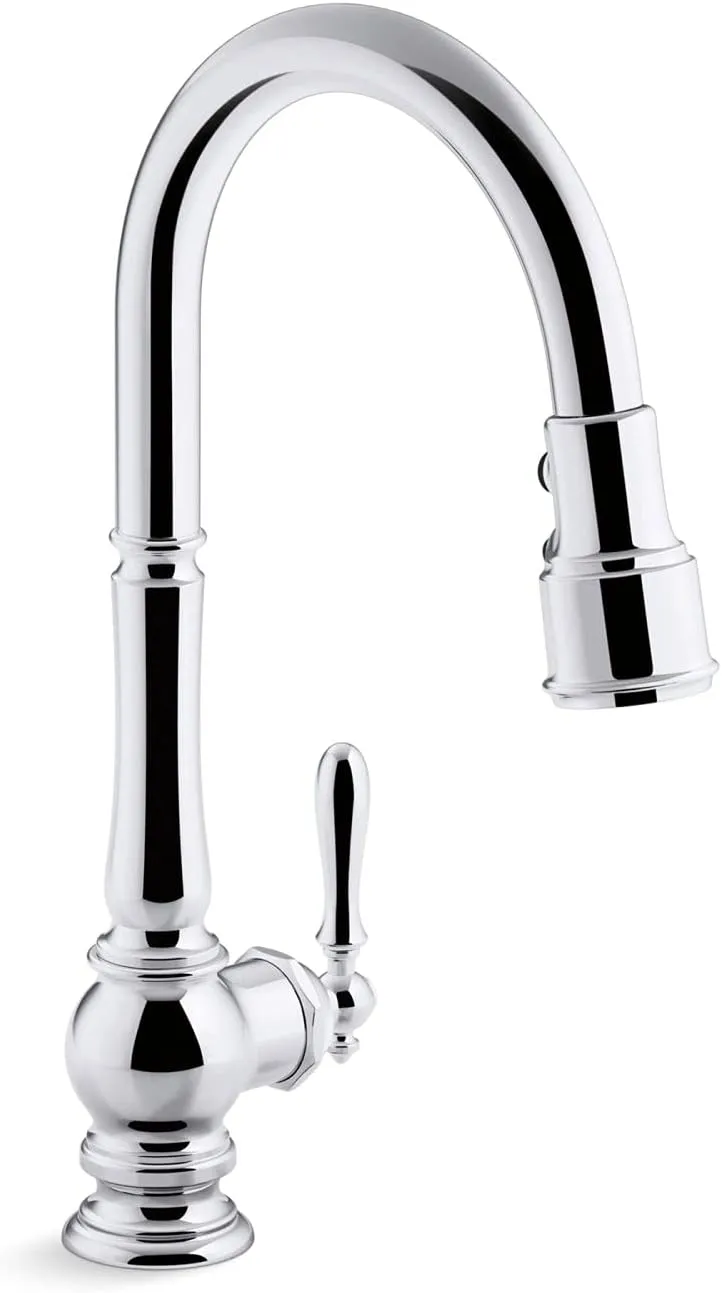 KOHLER K-99259-CP Artifacts Single-Hole Kitchen Sink Faucet with 17-5/8-Inch Pull-Down Spout, 3-Function Sprayhead, and Turned Lever Handle, Polished Chrome