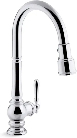 KOHLER K-99259-CP Artifacts Single-Hole Kitchen Sink Faucet with 17-5/8-Inch Pull-Down Spout, 3-Function Sprayhead, and Turned Lever Handle, Polished Chrome