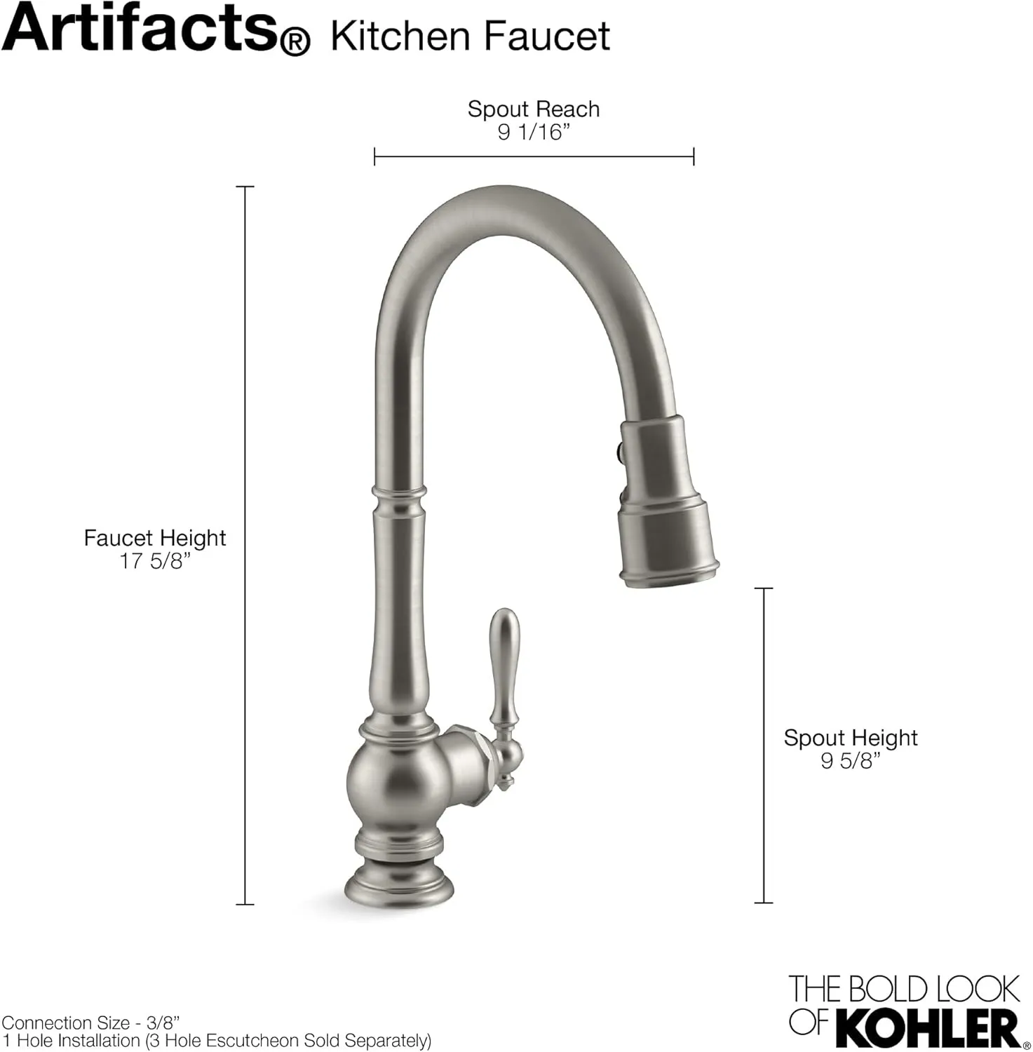 KOHLER K-99259-CP Artifacts Single-Hole Kitchen Sink Faucet with 17-5/8-Inch Pull-Down Spout, 3-Function Sprayhead, and Turned Lever Handle, Polished Chrome
