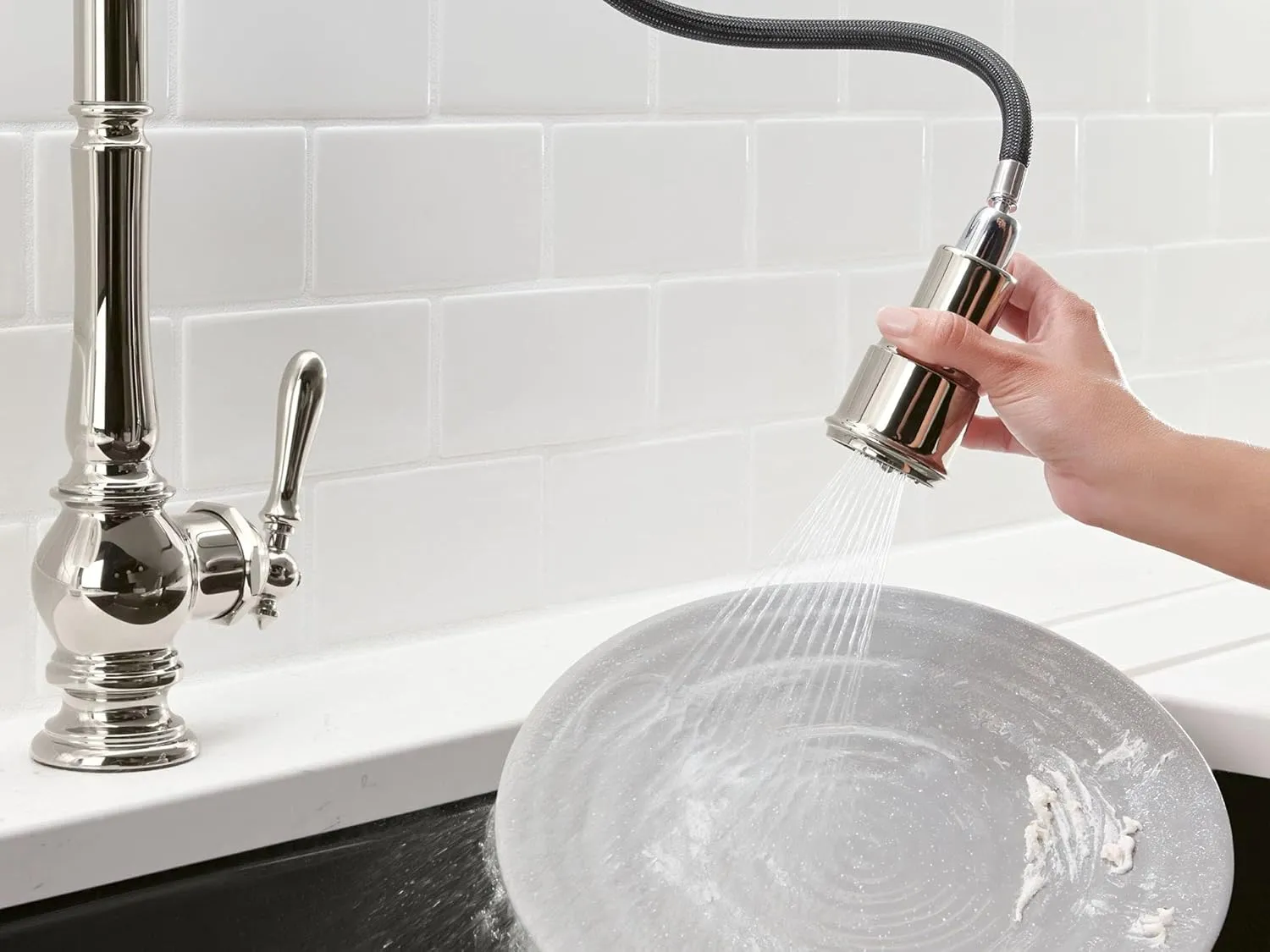 KOHLER K-99259-CP Artifacts Single-Hole Kitchen Sink Faucet with 17-5/8-Inch Pull-Down Spout, 3-Function Sprayhead, and Turned Lever Handle, Polished Chrome