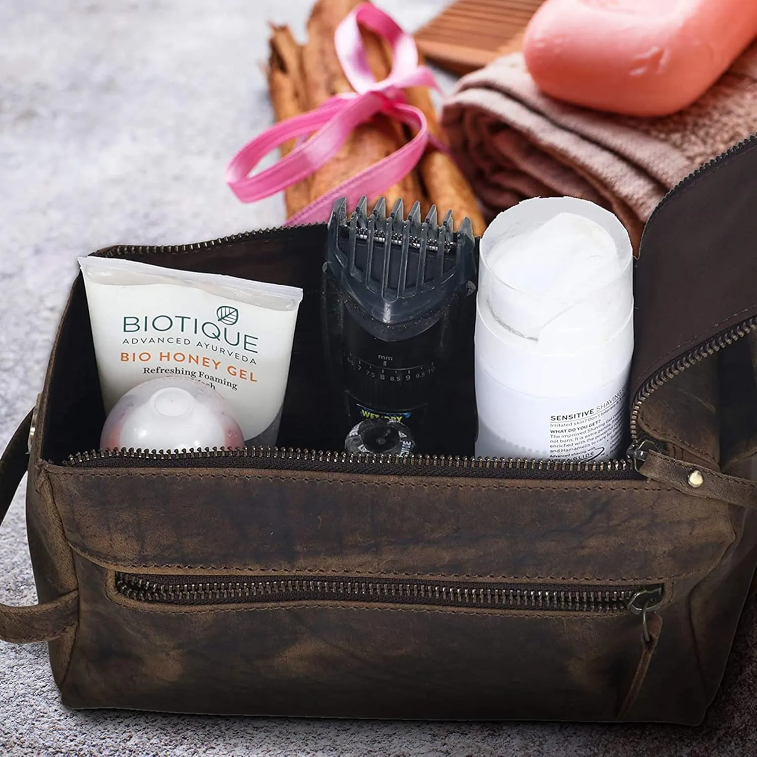 KomalC Premium Buffalo Leather Unisex Toiletry Bag Travel Dopp Kit