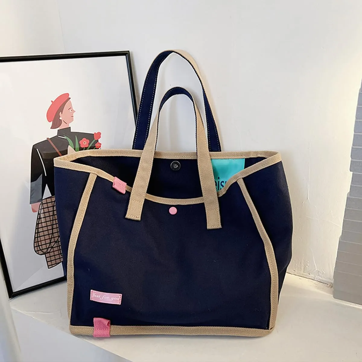 Korean version women's canvas handbag, women's casual and artistic contrasting canvas shopping bag, shoulder bag