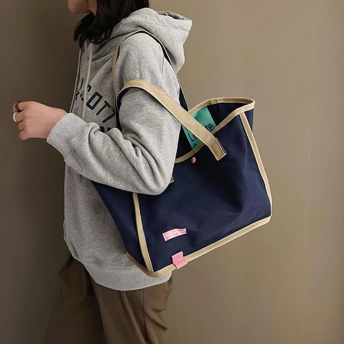 Korean version women's canvas handbag, women's casual and artistic contrasting canvas shopping bag, shoulder bag