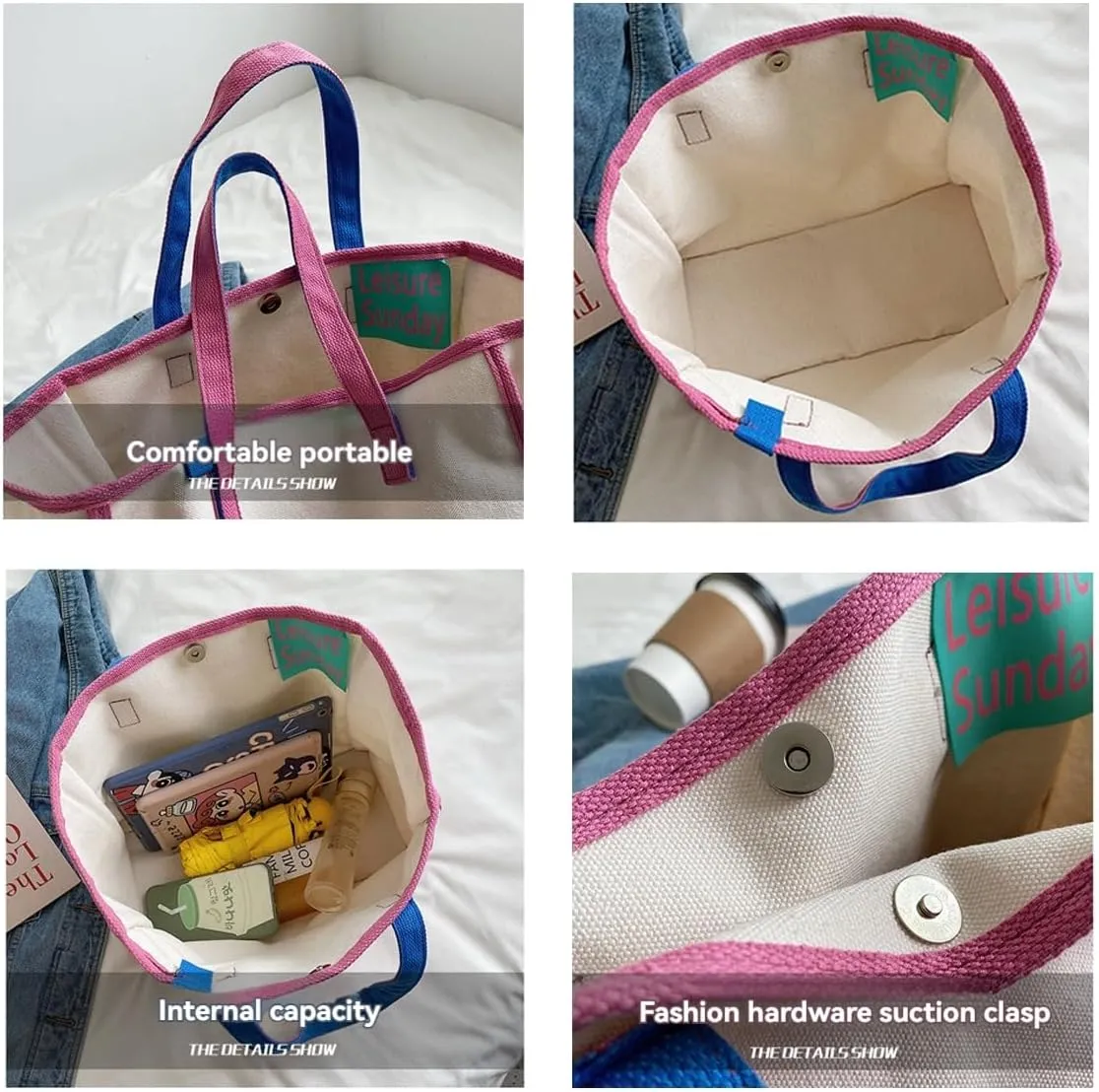 Korean version women's canvas handbag, women's casual and artistic contrasting canvas shopping bag, shoulder bag