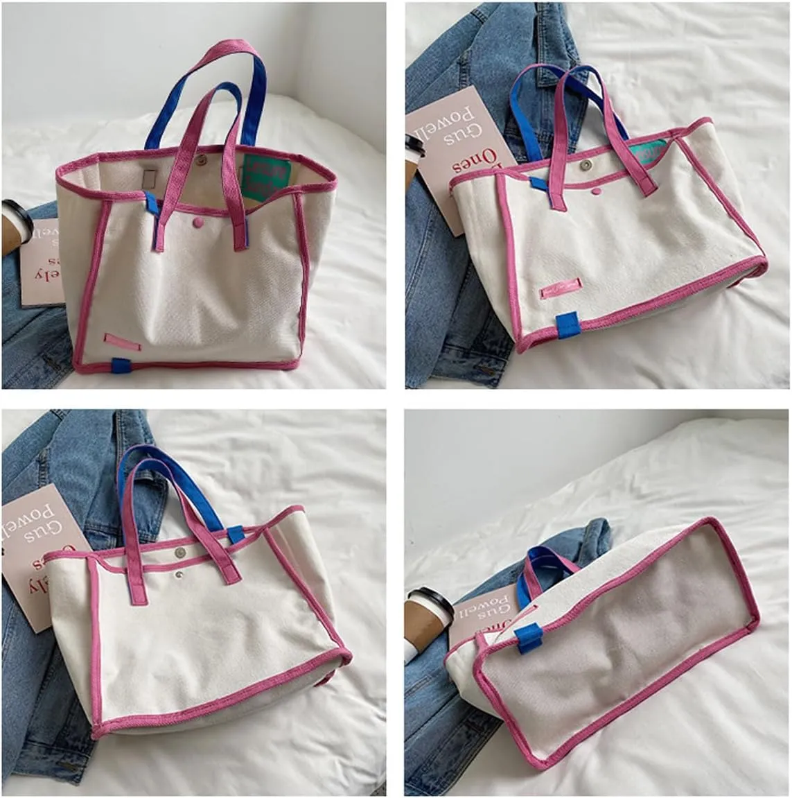 Korean version women's canvas handbag, women's casual and artistic contrasting canvas shopping bag, shoulder bag