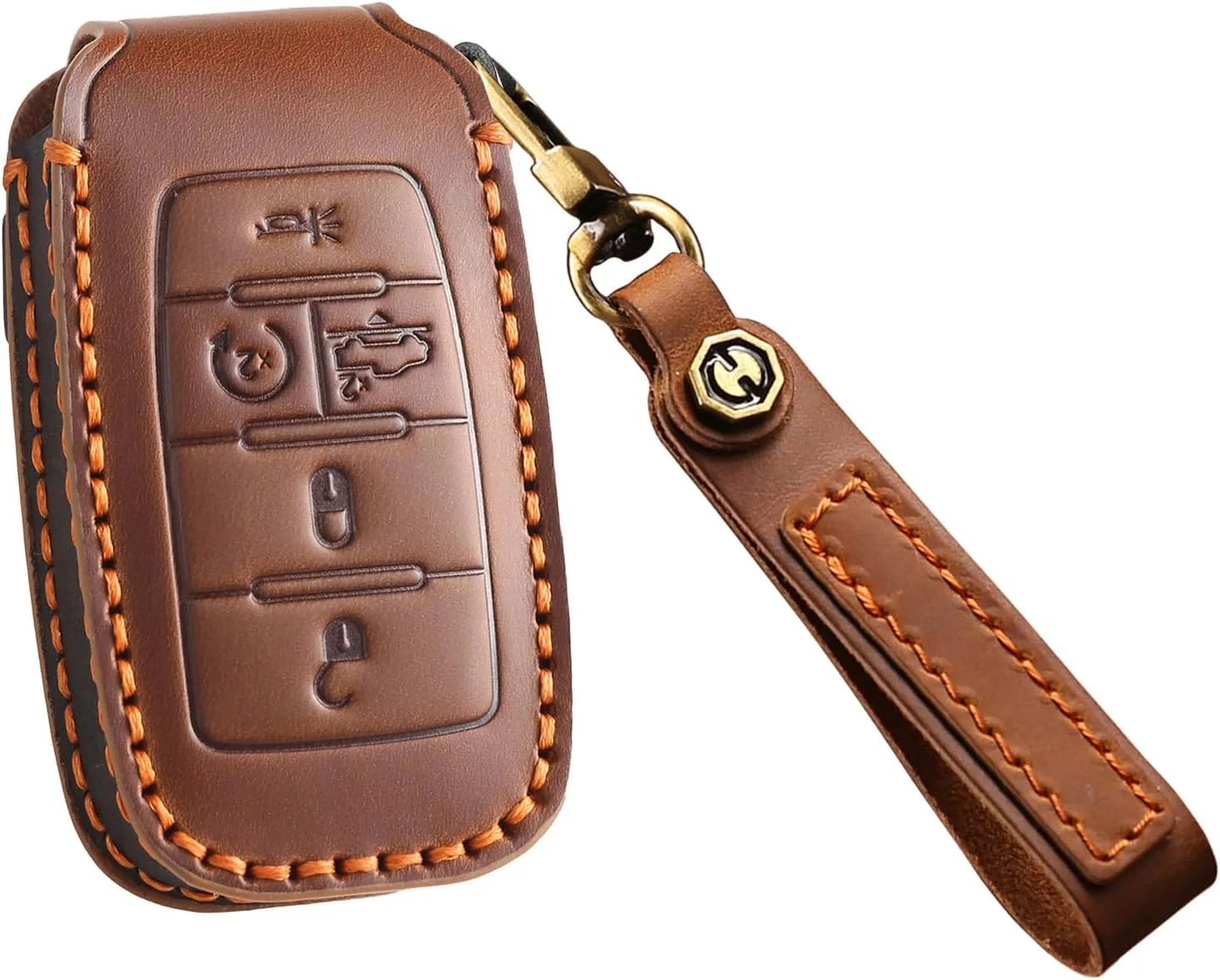 KUNIO Cowhide Leather Car Key Fob Cover Fit for Dodge RAM 1500 2500 3500 4500 5500 Pickup 2019 2020 2021 2022 Key Protective Cover Keychain Key Holder Key Cover 5 Button Brown
