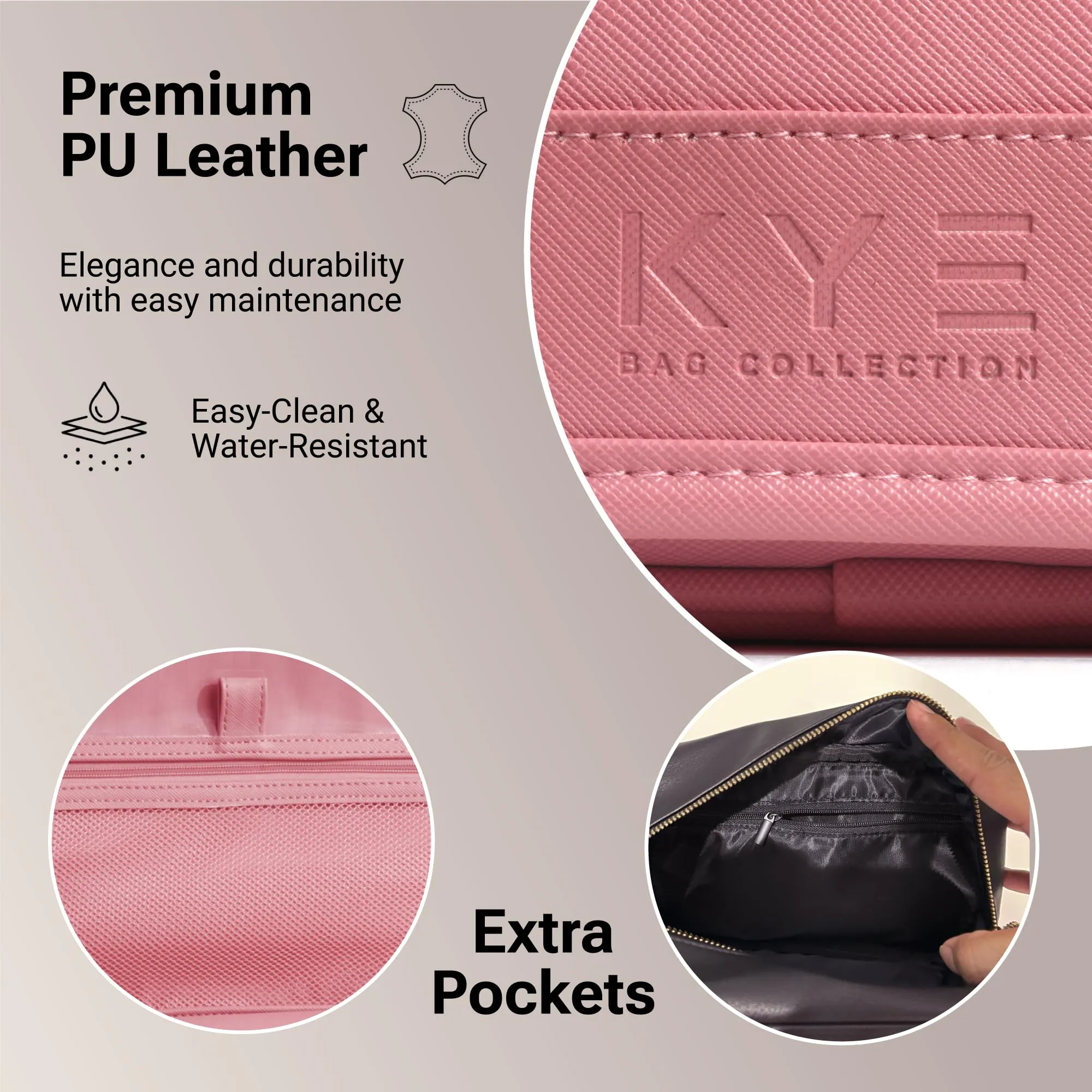 KYE Bag Collection Leather Travel Toiletry Bag for Men with Removable Cover and Hanging Hook - Dopp Kit for men - Makeup Bag Organizer for Women for all your Travel Essentials (PINK)