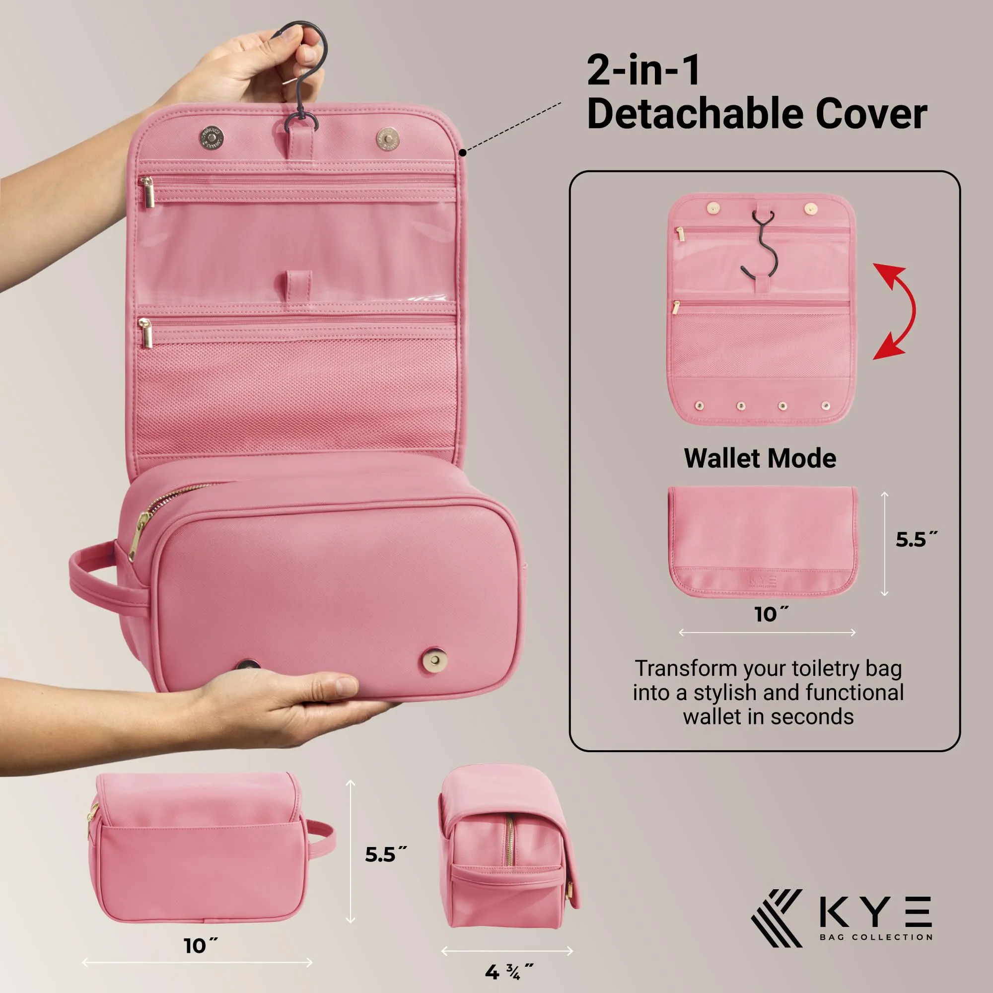 KYE Bag Collection Leather Travel Toiletry Bag for Men with Removable Cover and Hanging Hook - Dopp Kit for men - Makeup Bag Organizer for Women for all your Travel Essentials (PINK)