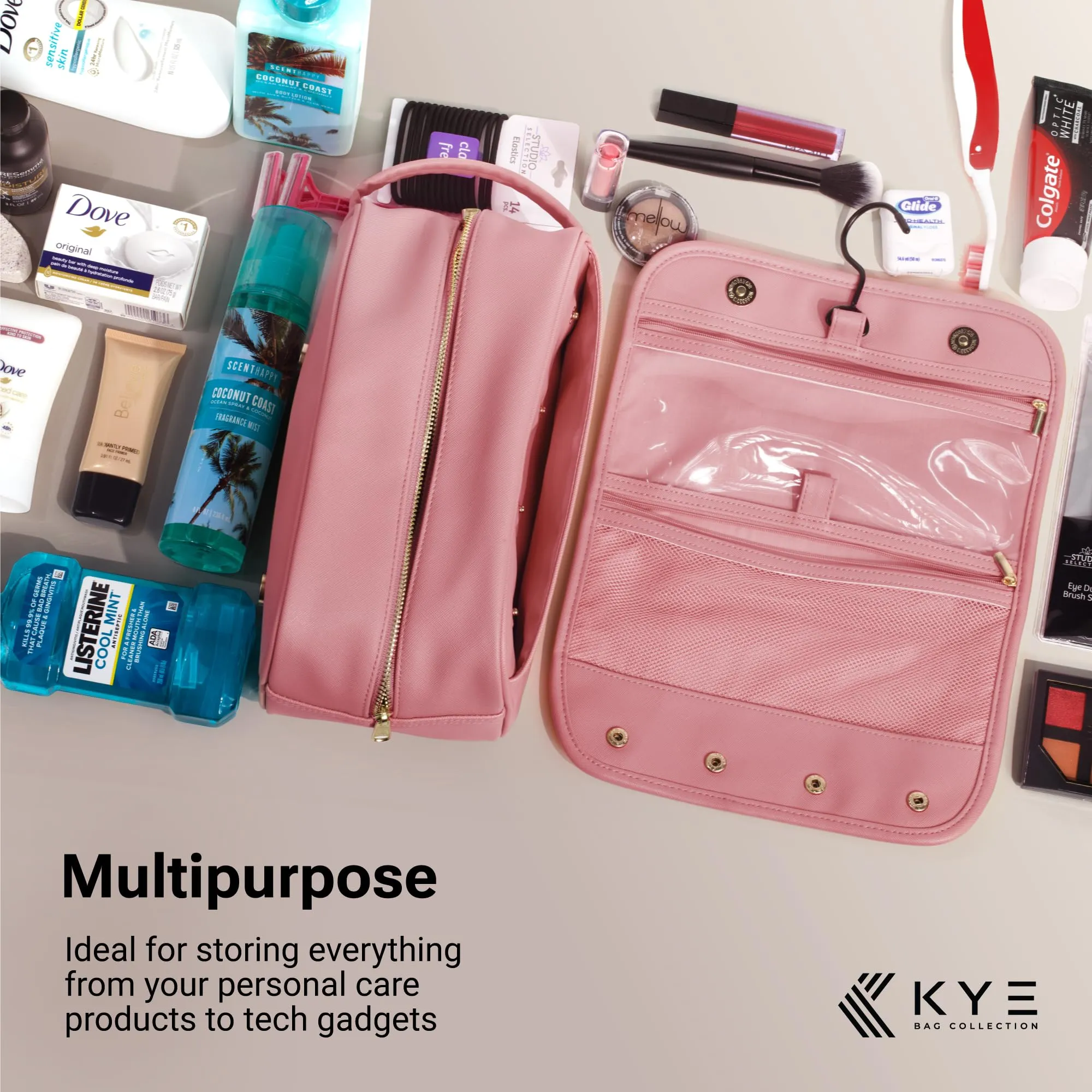 KYE Bag Collection Leather Travel Toiletry Bag for Men with Removable Cover and Hanging Hook - Dopp Kit for men - Makeup Bag Organizer for Women for all your Travel Essentials (PINK)