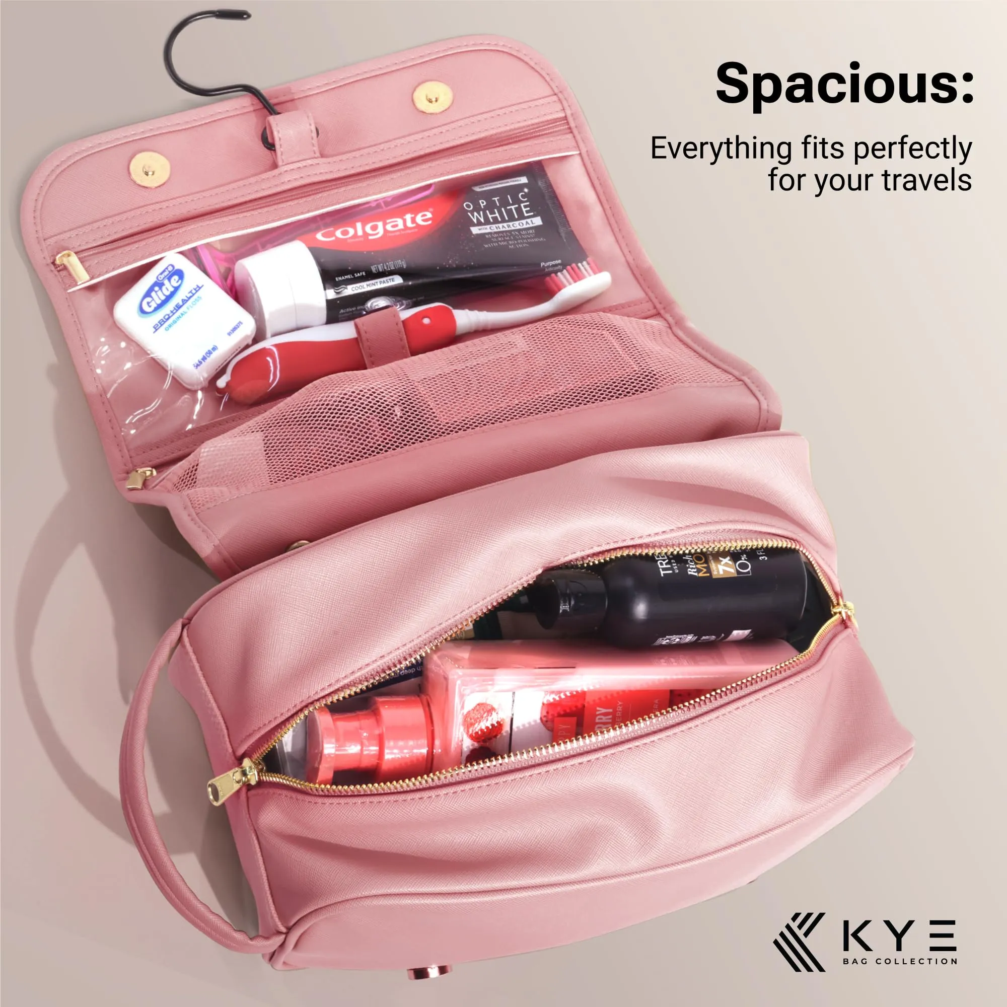 KYE Bag Collection Leather Travel Toiletry Bag for Men with Removable Cover and Hanging Hook - Dopp Kit for men - Makeup Bag Organizer for Women for all your Travel Essentials (PINK)