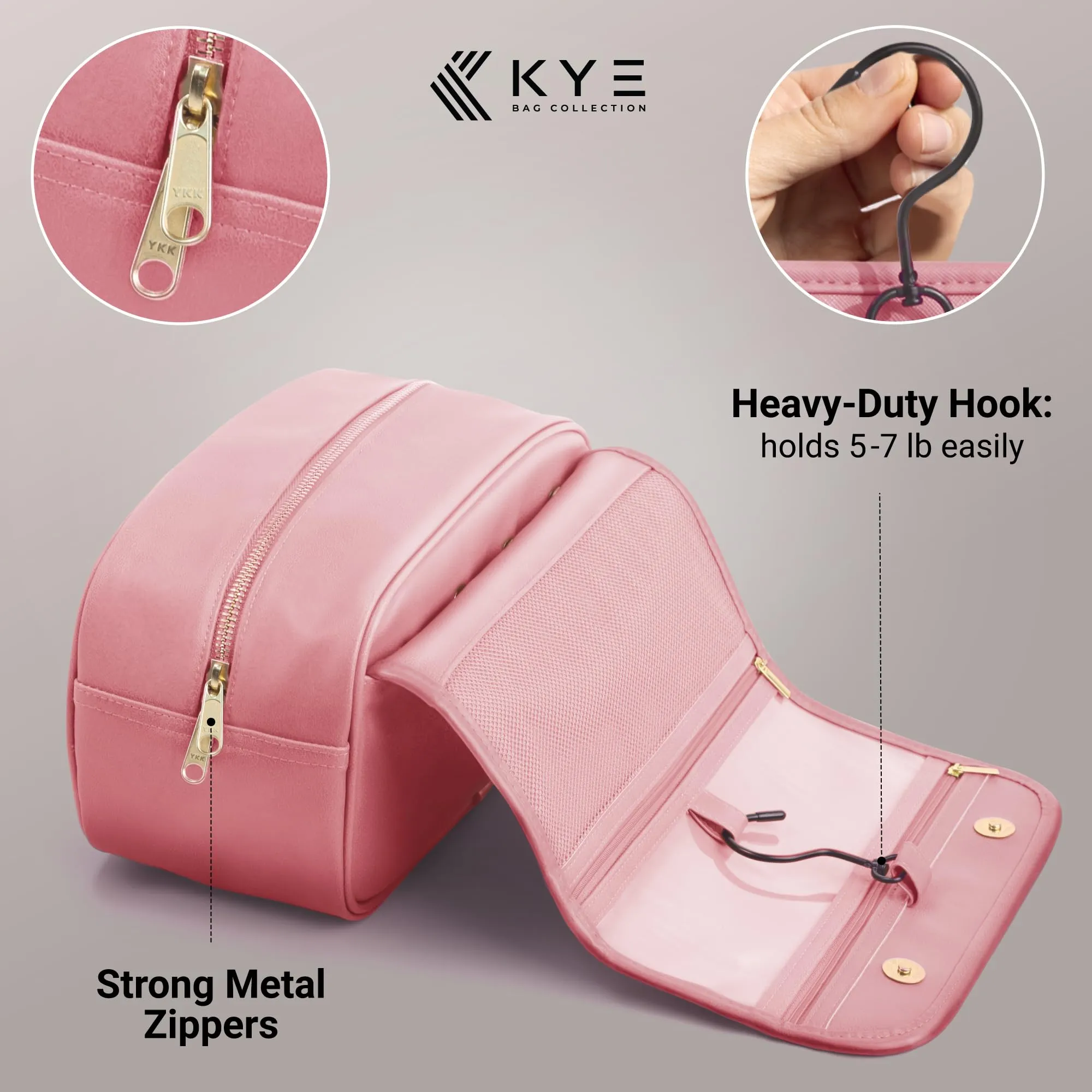 KYE Bag Collection Leather Travel Toiletry Bag for Men with Removable Cover and Hanging Hook - Dopp Kit for men - Makeup Bag Organizer for Women for all your Travel Essentials (PINK)