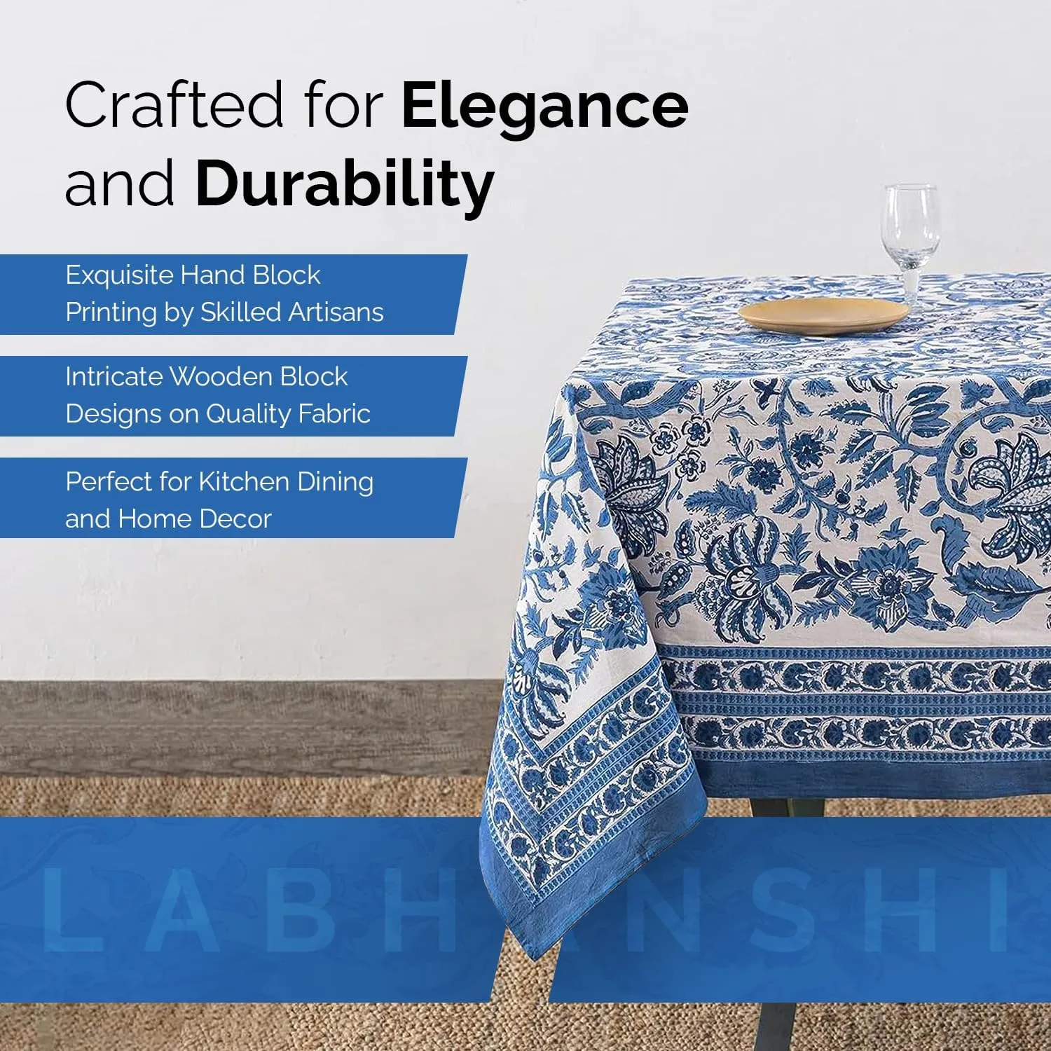 Labhanshi Indian Block Print Table Cloth|Jaipur Rectangle Floral Cotton Table Cover 60x90 Inch 6-Seater Spring Easter Kitchen Dining Tablecloth|Patio Table Cover for Event Wedding Banquet Parties|Blue