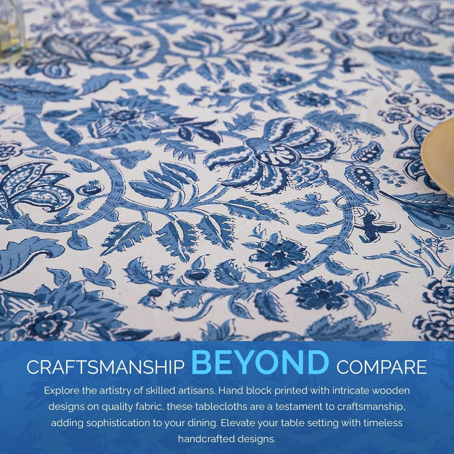 Labhanshi Indian Block Print Table Cloth|Jaipur Rectangle Floral Cotton Table Cover 60x90 Inch 6-Seater Spring Easter Kitchen Dining Tablecloth|Patio Table Cover for Event Wedding Banquet Parties|Blue