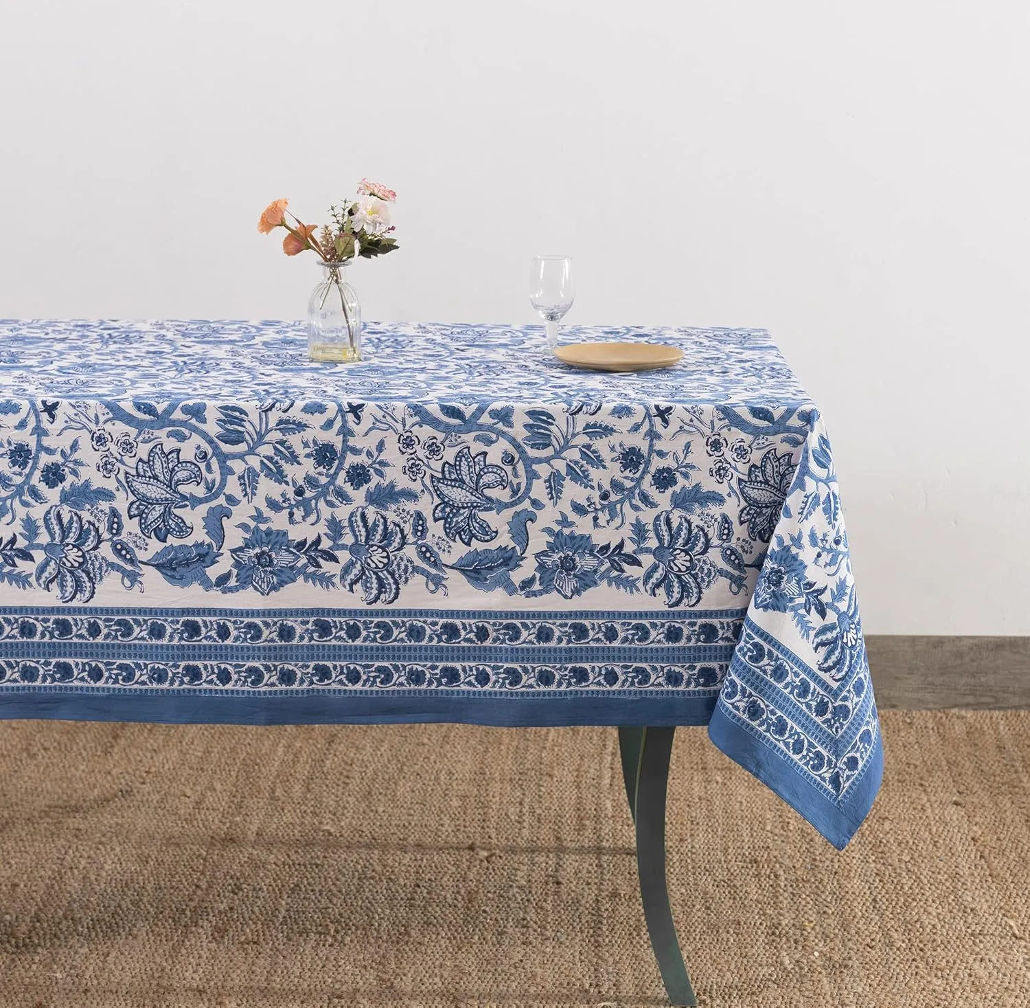 Labhanshi Indian Block Print Table Cloth|Jaipur Rectangle Floral Cotton Table Cover 60x90 Inch 6-Seater Spring Easter Kitchen Dining Tablecloth|Patio Table Cover for Event Wedding Banquet Parties|Blue