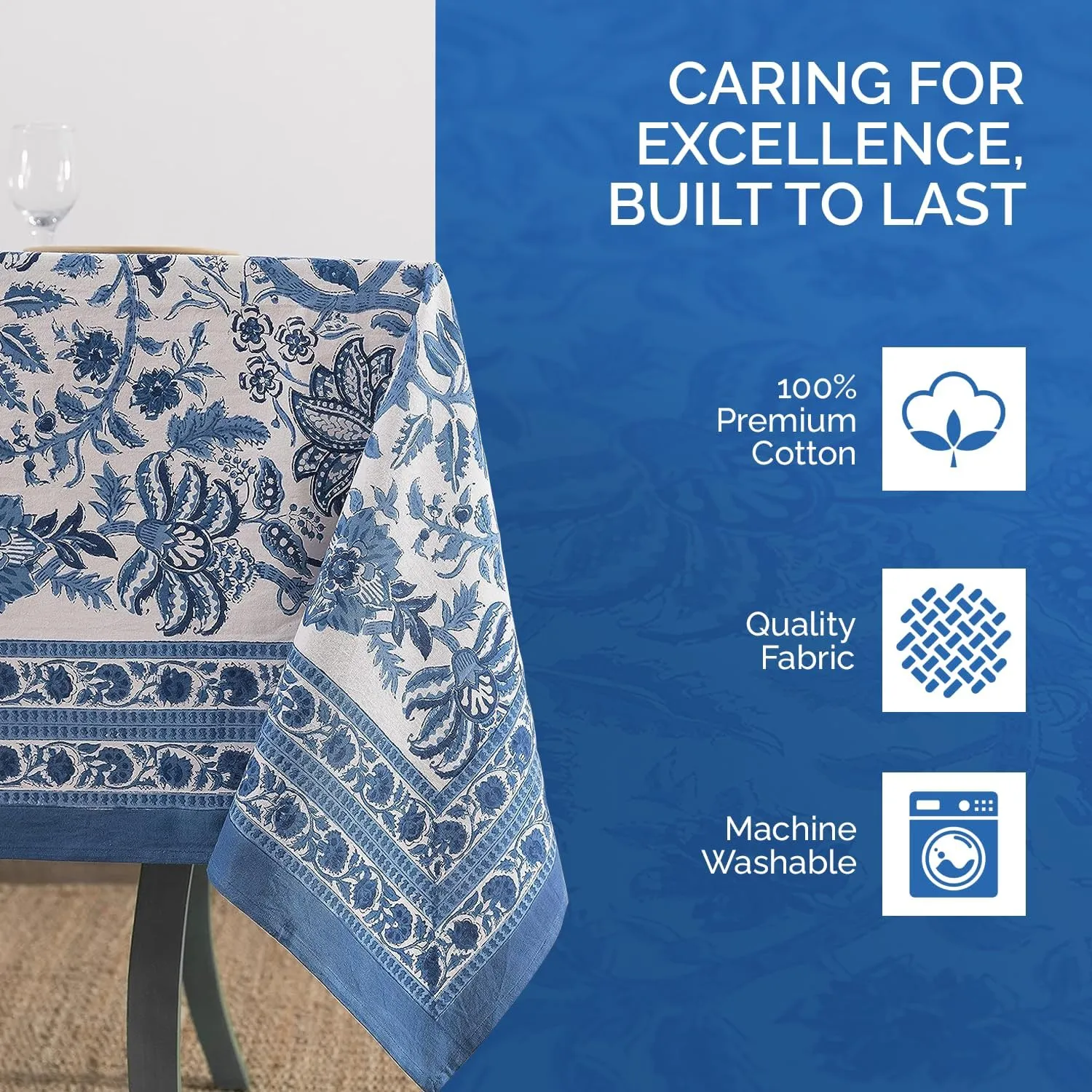 Labhanshi Indian Block Print Table Cloth|Jaipur Rectangle Floral Cotton Table Cover 60x90 Inch 6-Seater Spring Easter Kitchen Dining Tablecloth|Patio Table Cover for Event Wedding Banquet Parties|Blue