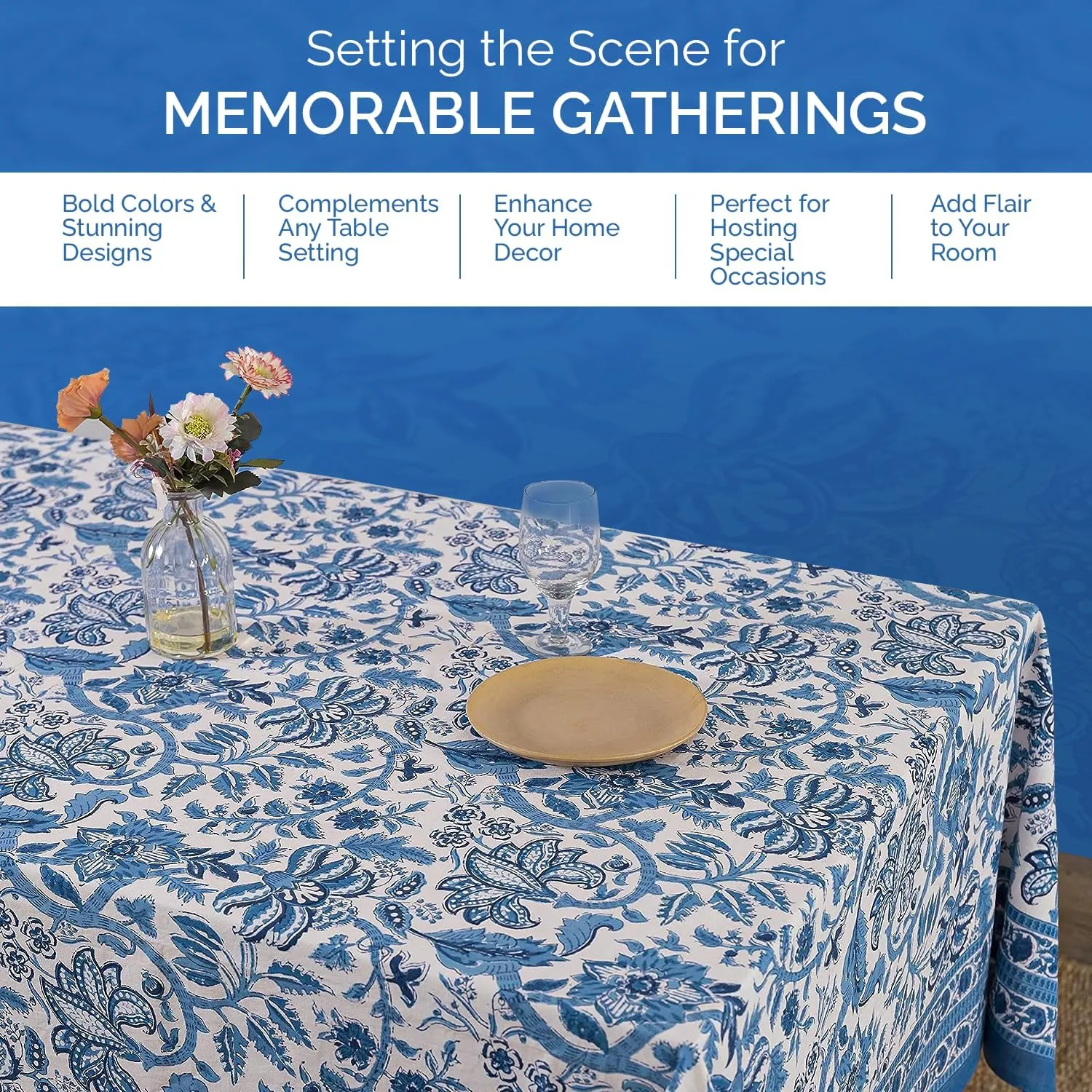 Labhanshi Indian Block Print Table Cloth|Jaipur Rectangle Floral Cotton Table Cover 60x90 Inch 6-Seater Spring Easter Kitchen Dining Tablecloth|Patio Table Cover for Event Wedding Banquet Parties|Blue