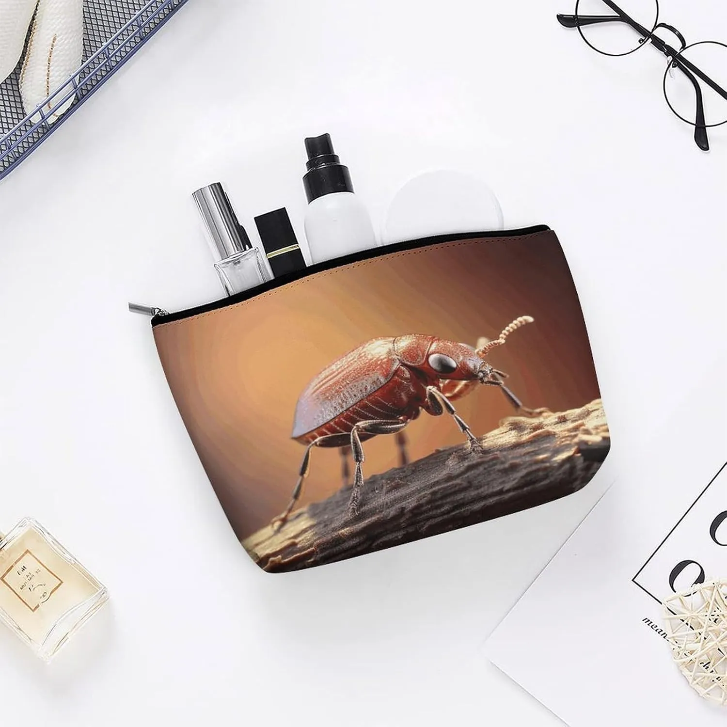 Ladies Makeup Bag Travel Toiletries Bag Small Bug Printed Portable Cosmetic Bag Suitable for Vacation Travel