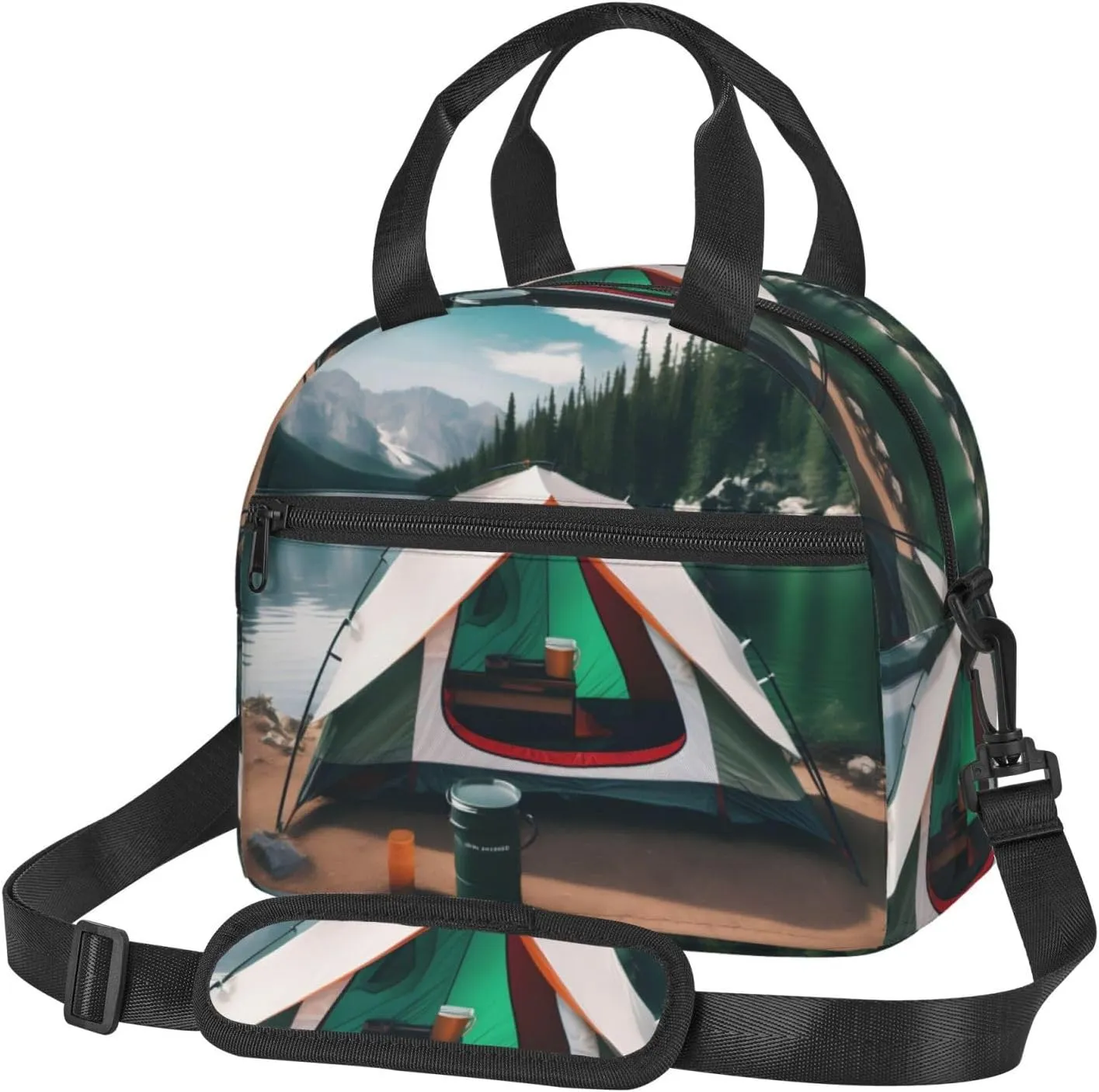 Lake Camping Print Foods Insulated Lunch Bag Cute Tote Box Leakproof Cooler Adjustable Shoulder Strap
