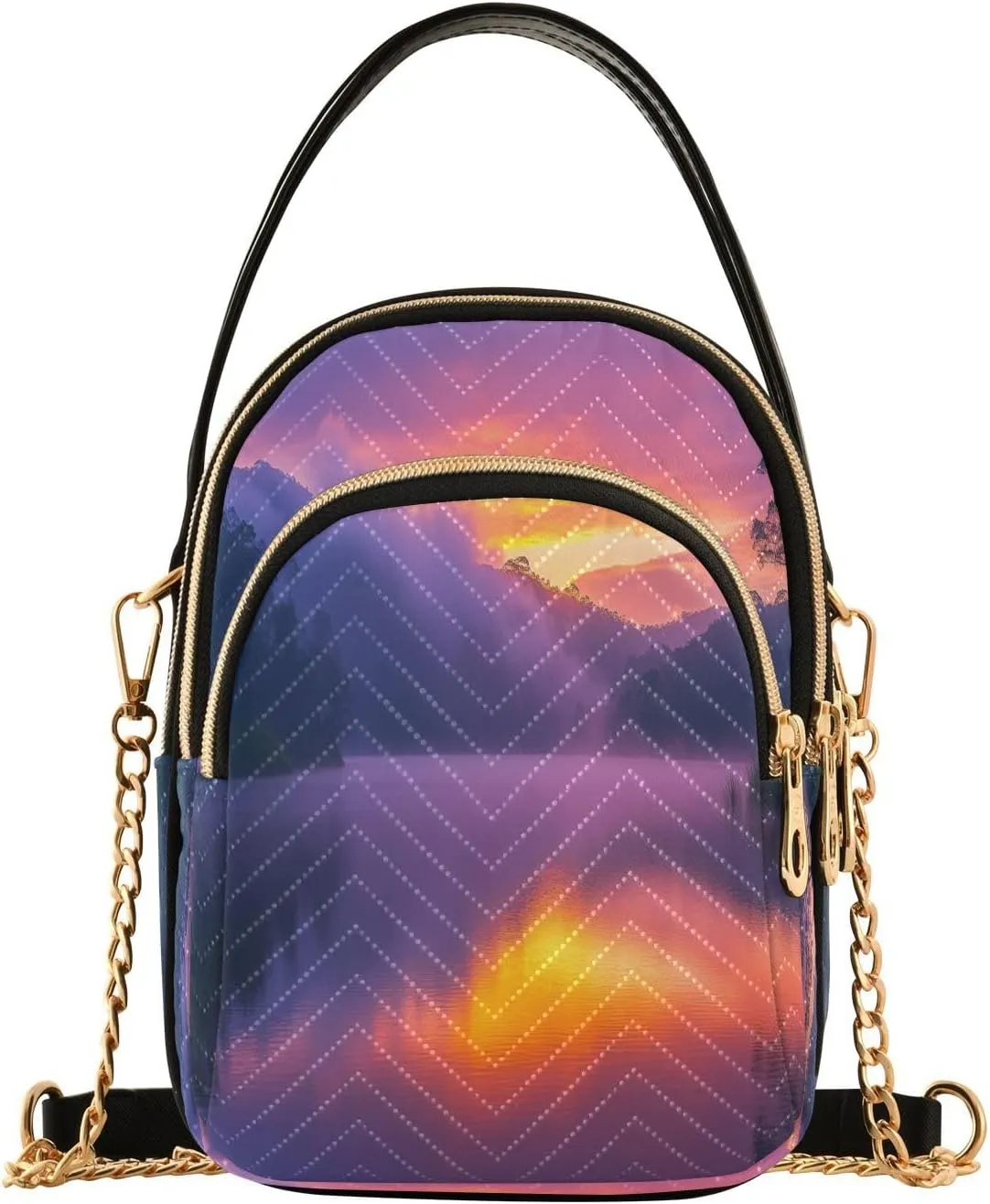 Lake Sunrise Misty Mountains Women Trendy Quilted Crossbody Bag Sling Bags Handbags with Chain Strap Travel Cross Body Cell Phone Purses Bags
