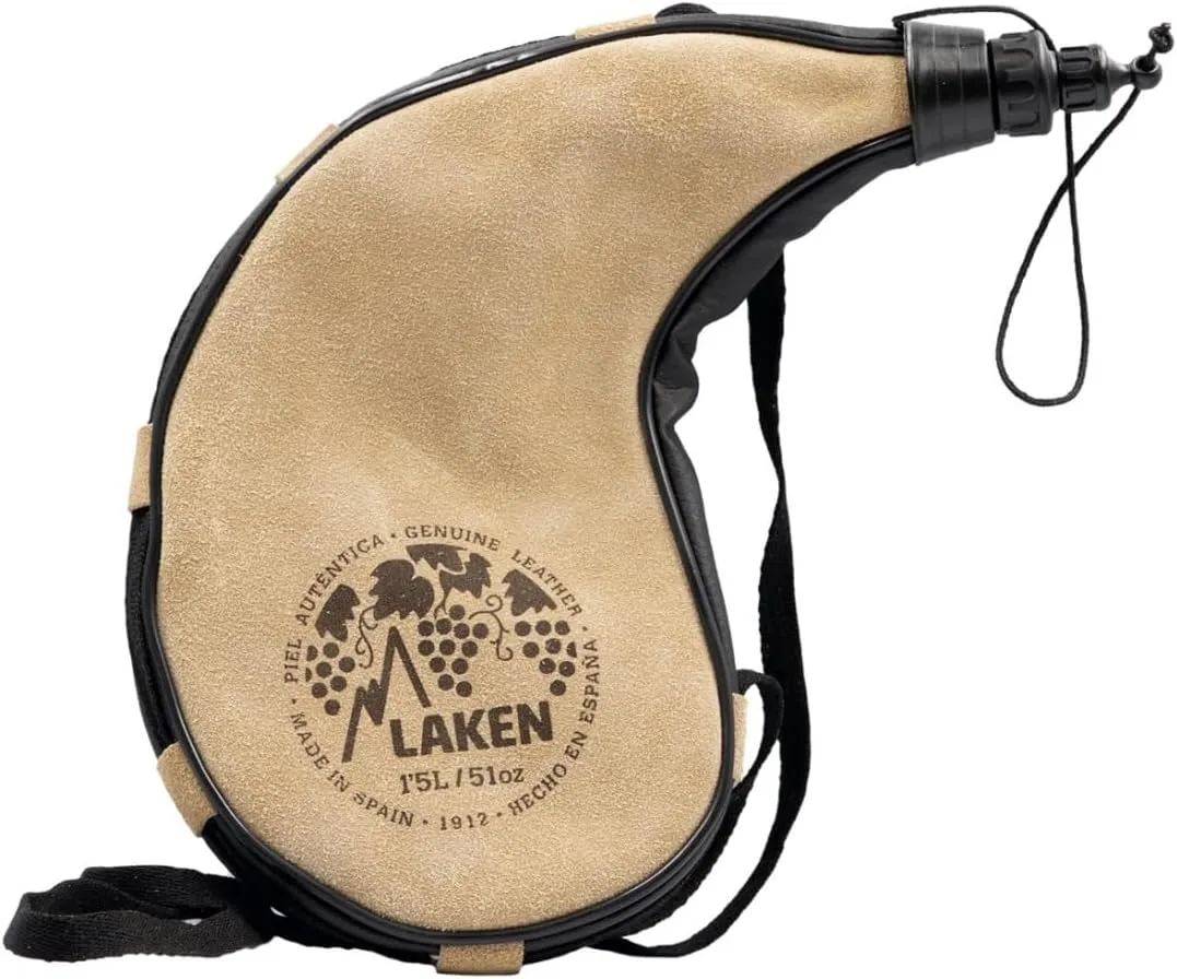 Laken Spanish Bota Bag Leather Canteen Pouch for Wine and Water - Wine Skin Bag with Strap for Travel, Camping, Hiking | Kidney Shape - 1.5 Liter
