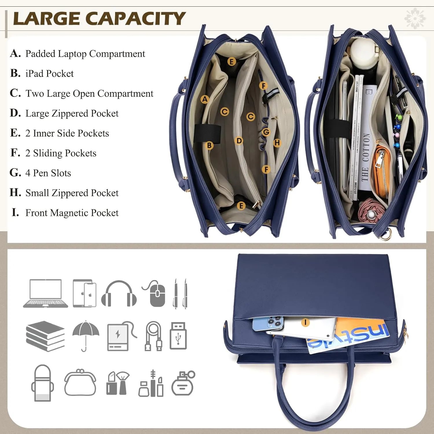 Laptop Bag for Women 15.6 inch Leather Tote Bag 2pcs Set Professional Work Bag with Envelope Clutch Bag Large Office Computer Bag Teacher Bag Shoulder Bag Satchel Purse, Blue