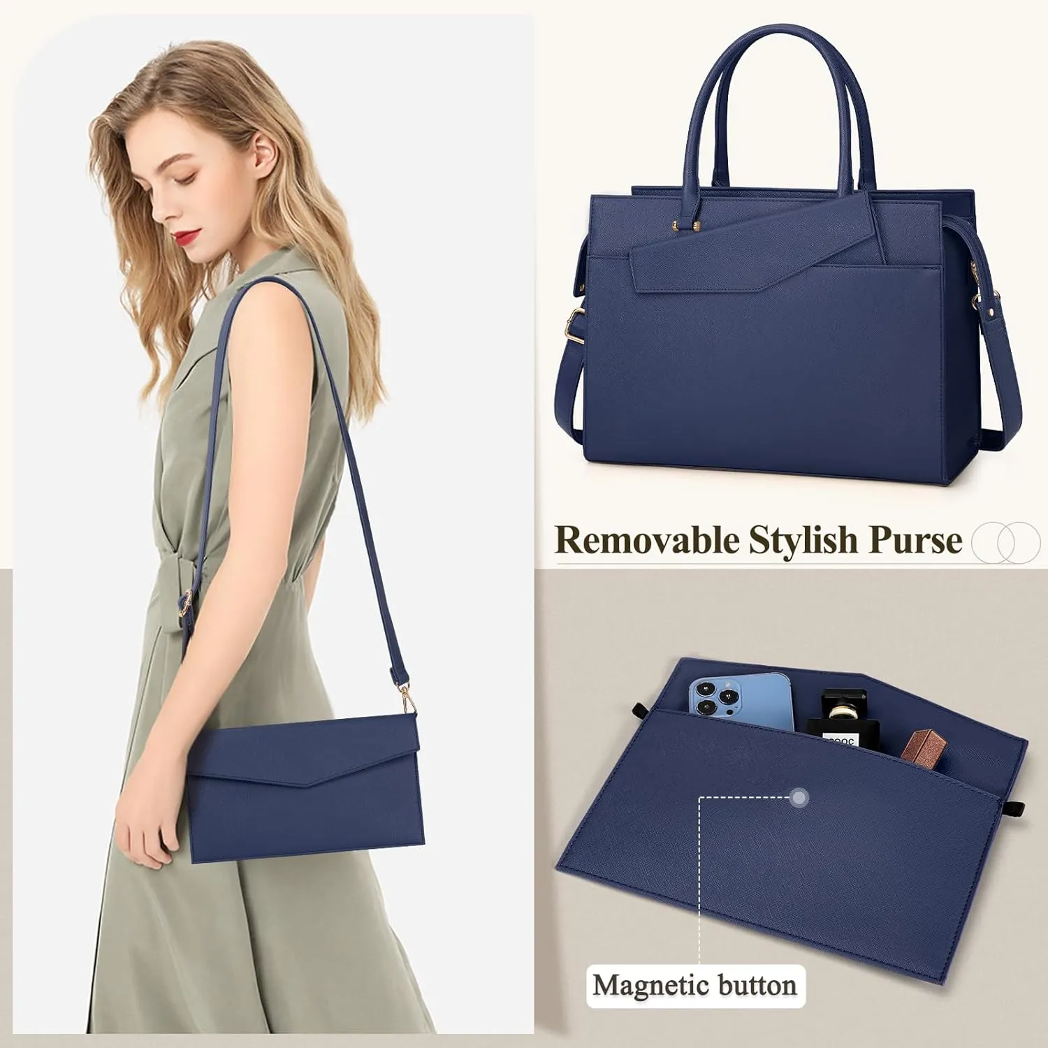 Laptop Bag for Women 15.6 inch Leather Tote Bag 2pcs Set Professional Work Bag with Envelope Clutch Bag Large Office Computer Bag Teacher Bag Shoulder Bag Satchel Purse, Blue