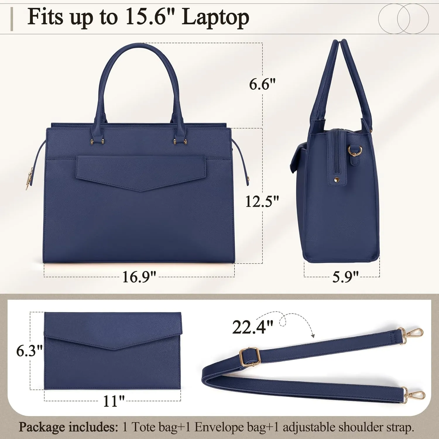 Laptop Bag for Women 15.6 inch Leather Tote Bag 2pcs Set Professional Work Bag with Envelope Clutch Bag Large Office Computer Bag Teacher Bag Shoulder Bag Satchel Purse, Blue