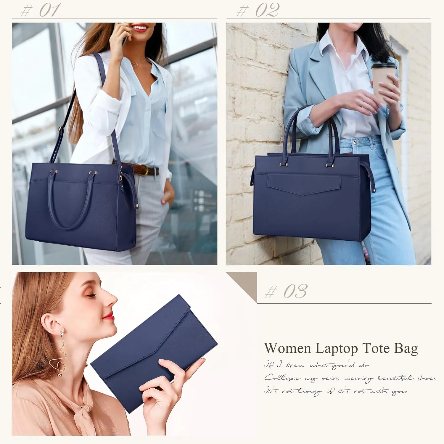 Laptop Bag for Women 15.6 inch Leather Tote Bag 2pcs Set Professional Work Bag with Envelope Clutch Bag Large Office Computer Bag Teacher Bag Shoulder Bag Satchel Purse, Blue