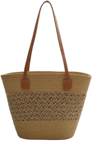 Large capacity Bag Casual Large - capacity Straw Handbag with Leather Handle: Ideal Travel Companion Ladies shoulder Bag