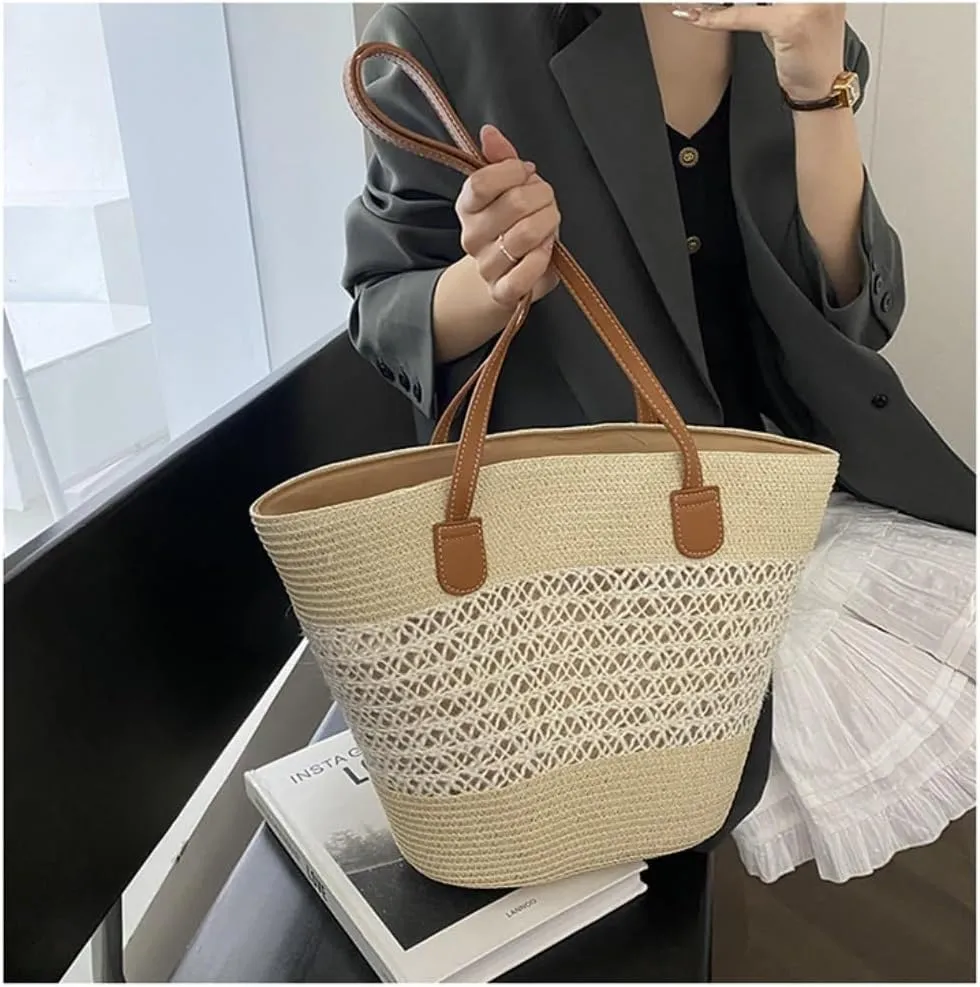 Large capacity Bag Casual Large - capacity Straw Handbag with Leather Handle: Ideal Travel Companion Ladies shoulder Bag