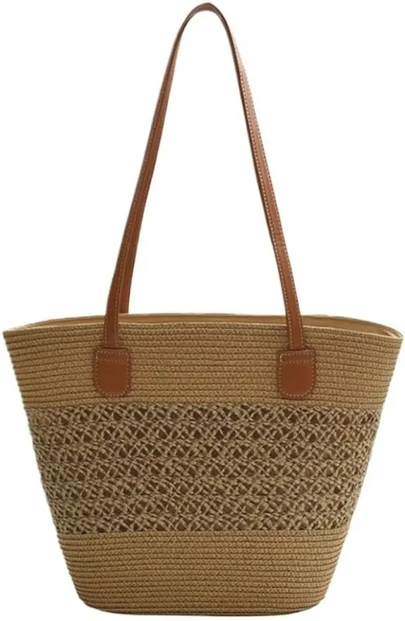 Large capacity Bag Casual Large - capacity Straw Handbag with Leather Handle: Ideal Travel Companion Ladies shoulder Bag