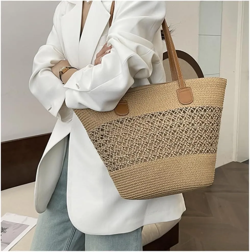 Large capacity Bag Casual Large - capacity Straw Handbag with Leather Handle: Ideal Travel Companion Ladies shoulder Bag
