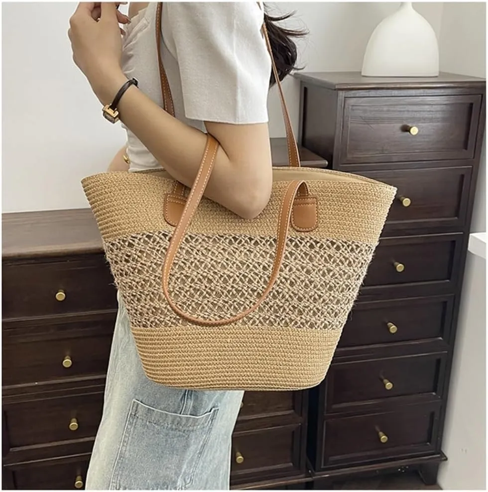 Large capacity Bag Casual Large - capacity Straw Handbag with Leather Handle: Ideal Travel Companion Ladies shoulder Bag