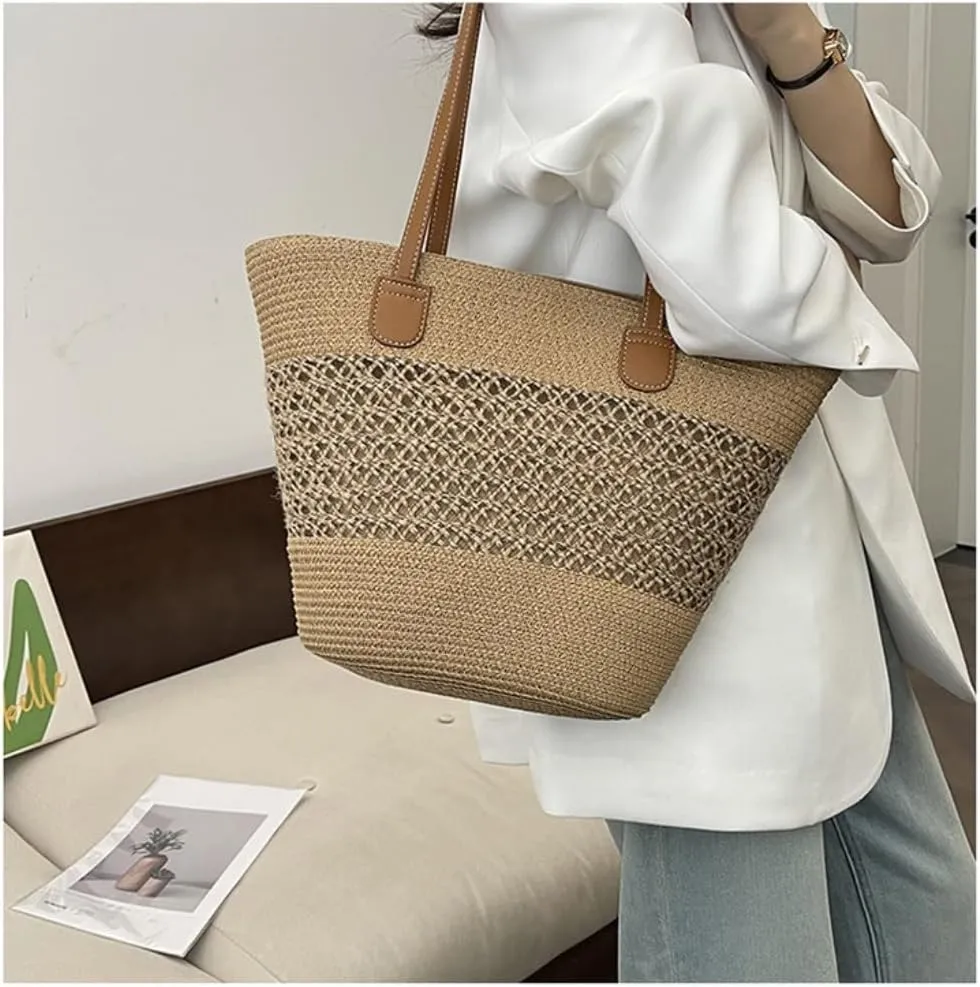 Large capacity Bag Casual Large - capacity Straw Handbag with Leather Handle: Ideal Travel Companion Ladies shoulder Bag