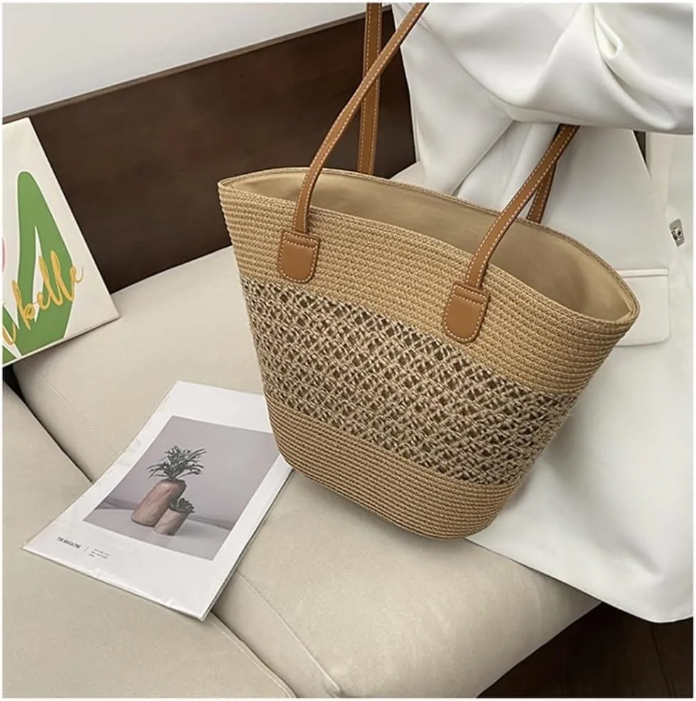 Large capacity Bag Casual Large - capacity Straw Handbag with Leather Handle: Ideal Travel Companion Ladies shoulder Bag