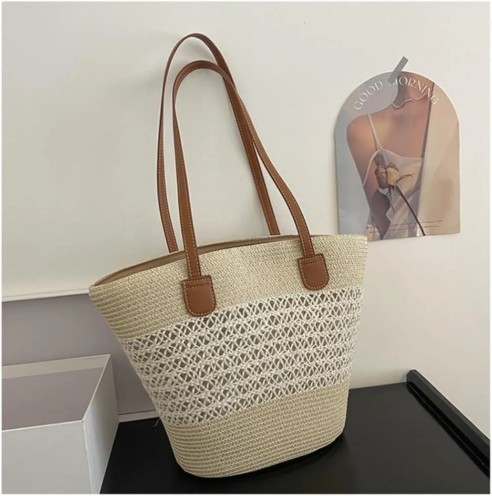 Large capacity Bag Casual Large - capacity Straw Handbag with Leather Handle: Ideal Travel Companion Ladies shoulder Bag