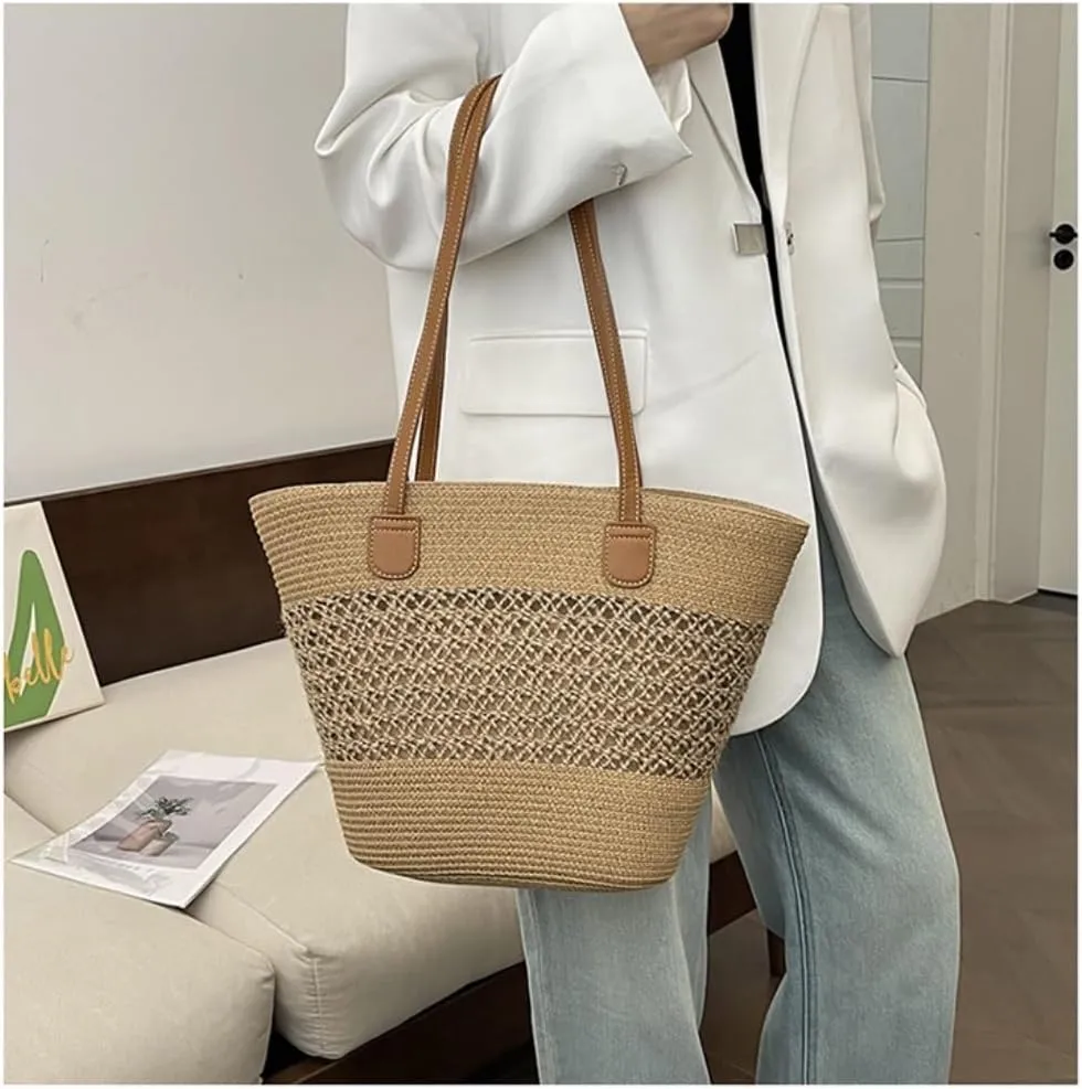 Large capacity Bag Casual Large - capacity Straw Handbag with Leather Handle: Ideal Travel Companion Ladies shoulder Bag