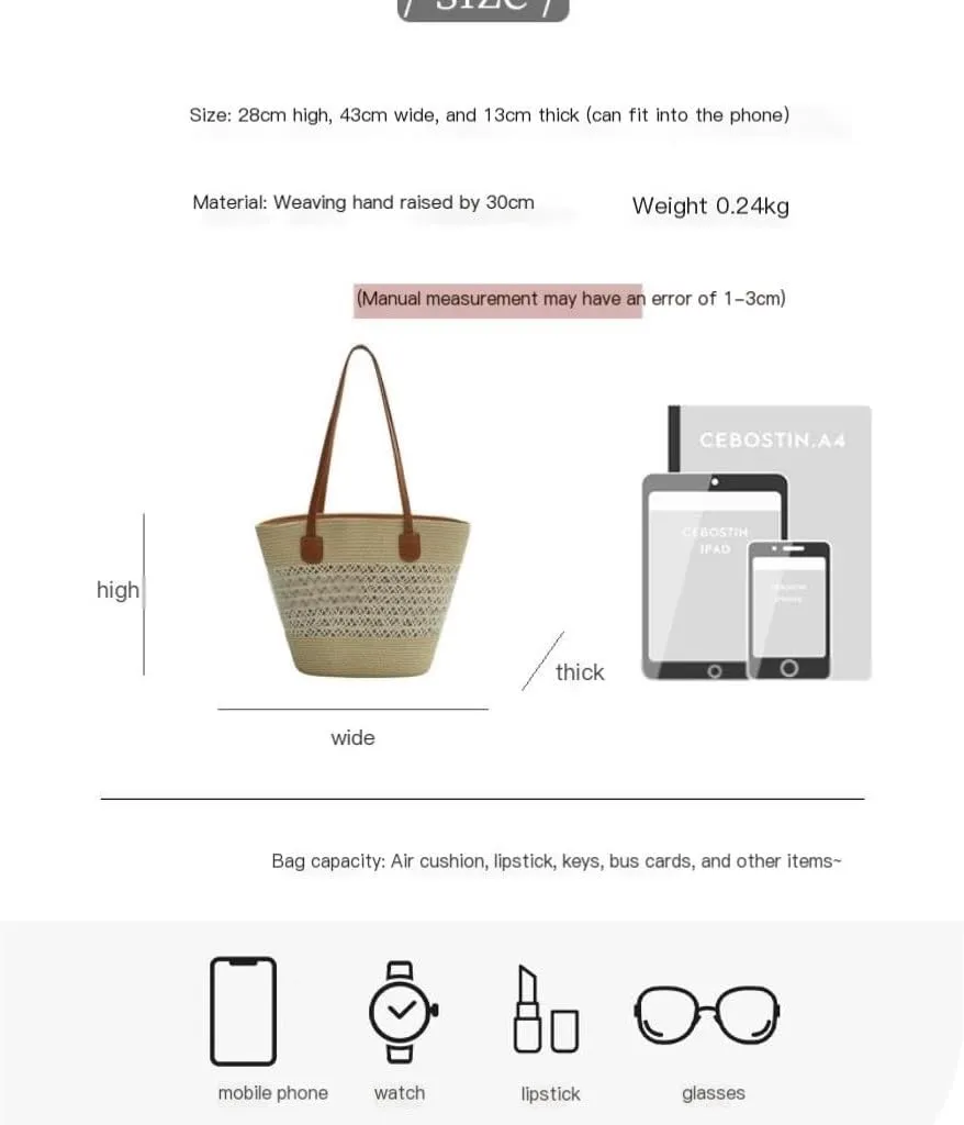 Large capacity Bag Casual Large - capacity Straw Handbag with Leather Handle: Ideal Travel Companion Ladies shoulder Bag