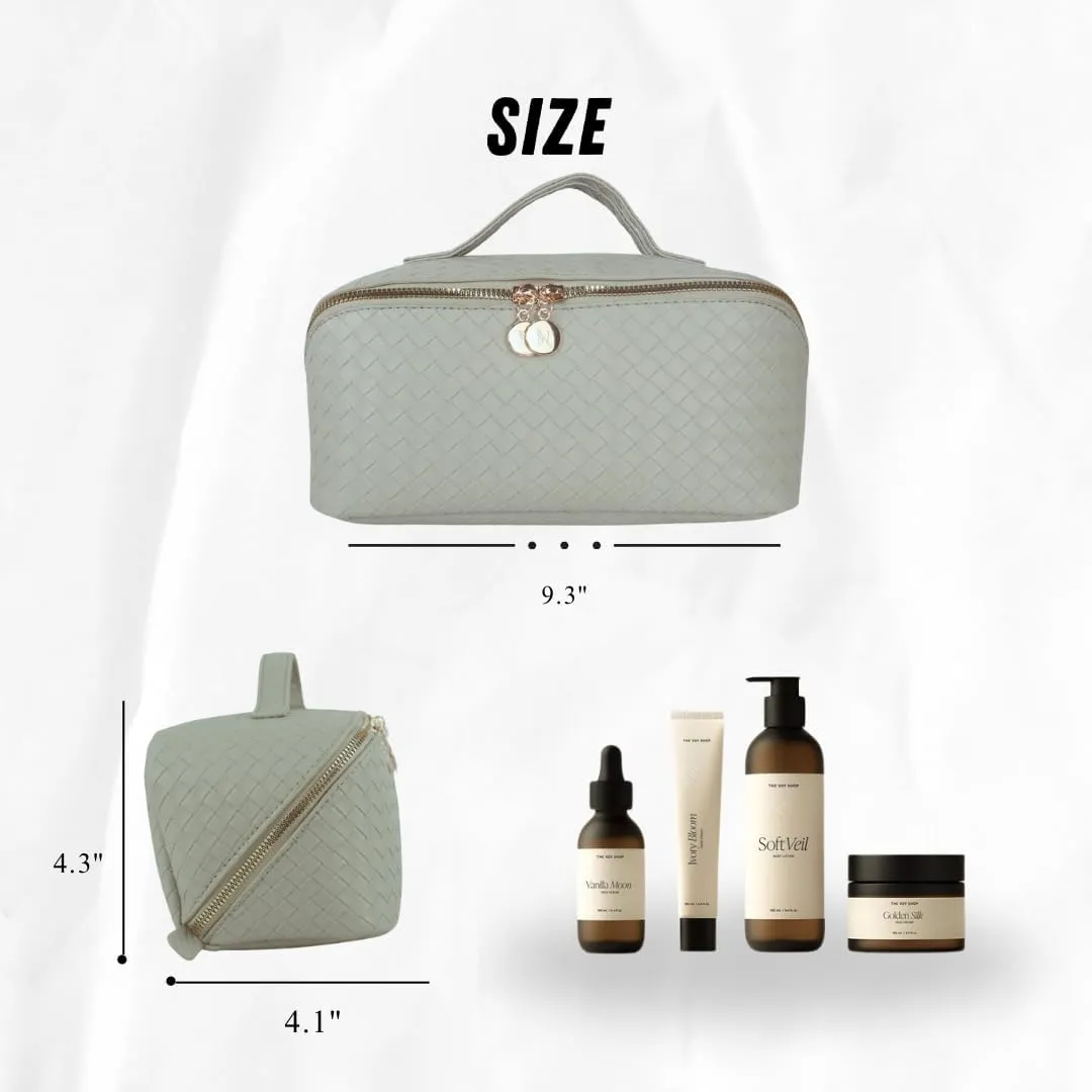 Large Capacity Makeup Bag, PU Leather Travel Makeup Bag Organizer, Toiletry Bag for Women with divider, Cosmetic Bags for Women, Leather Waterproof Cosmetic Bag, Open Flat Design (Green Mint)