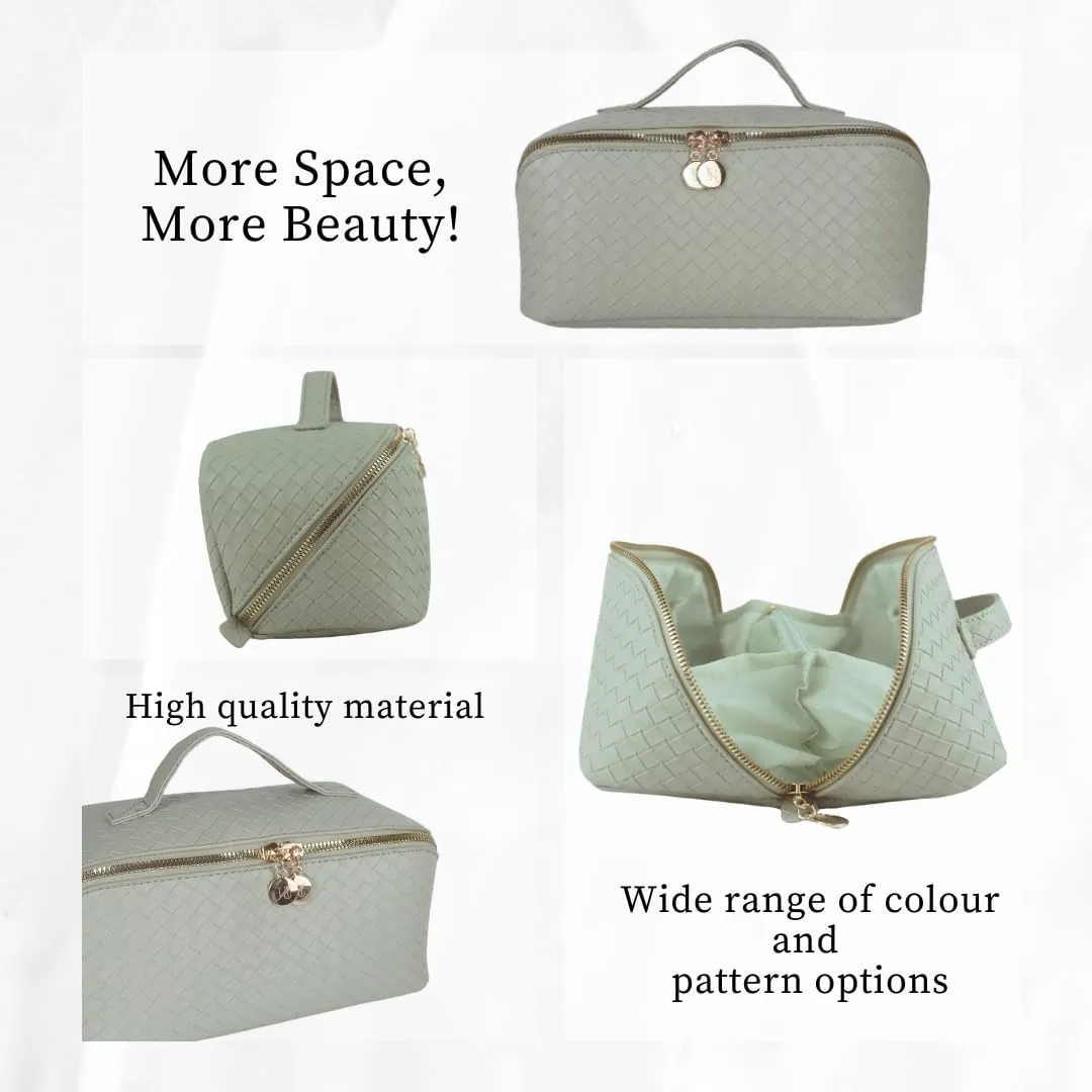Large Capacity Makeup Bag, PU Leather Travel Makeup Bag Organizer, Toiletry Bag for Women with divider, Cosmetic Bags for Women, Leather Waterproof Cosmetic Bag, Open Flat Design (Green Mint)