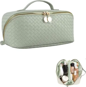 Large Capacity Makeup Bag, PU Leather Travel Makeup Bag Organizer, Toiletry Bag for Women with divider, Cosmetic Bags for Women, Leather Waterproof Cosmetic Bag, Open Flat Design (Green Mint)