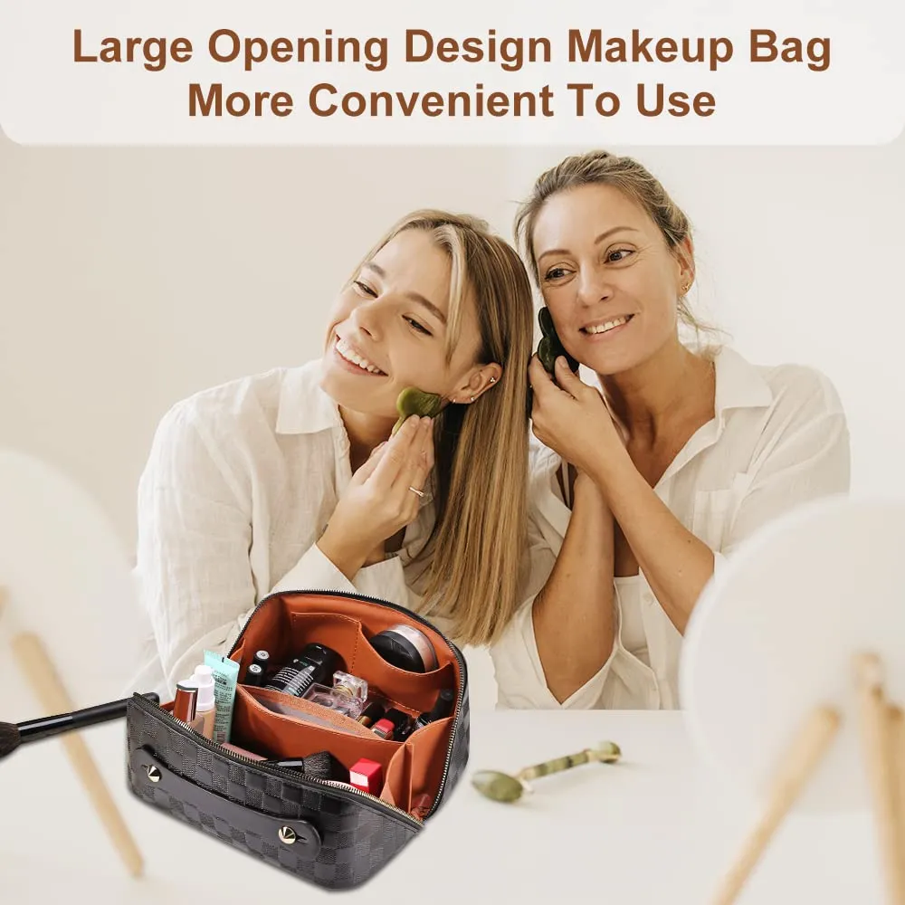 Large Capacity Travel Cosmetic Bag Plaid Checkered Makeup Bag Portable Leather Waterproof Skincare Bag with Handle and Divider for Women 01-Black