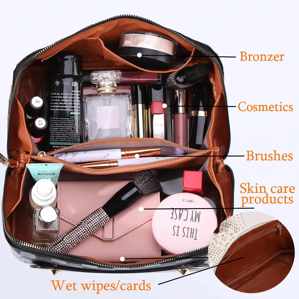 Large Capacity Travel Cosmetic Bag Plaid Checkered Makeup Bag Portable Leather Waterproof Skincare Bag with Handle and Divider for Women 01-Black