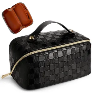 Large Capacity Travel Cosmetic Bag Plaid Checkered Makeup Bag Portable Leather Waterproof Skincare Bag with Handle and Divider for Women 01-Black