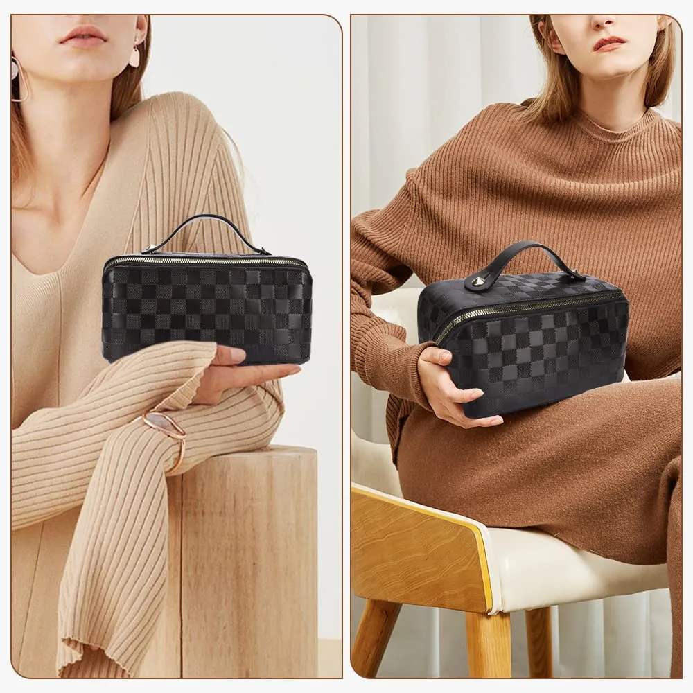 Large Capacity Travel Cosmetic Bag Plaid Checkered Makeup Bag Portable Leather Waterproof Skincare Bag with Handle and Divider for Women 01-Black