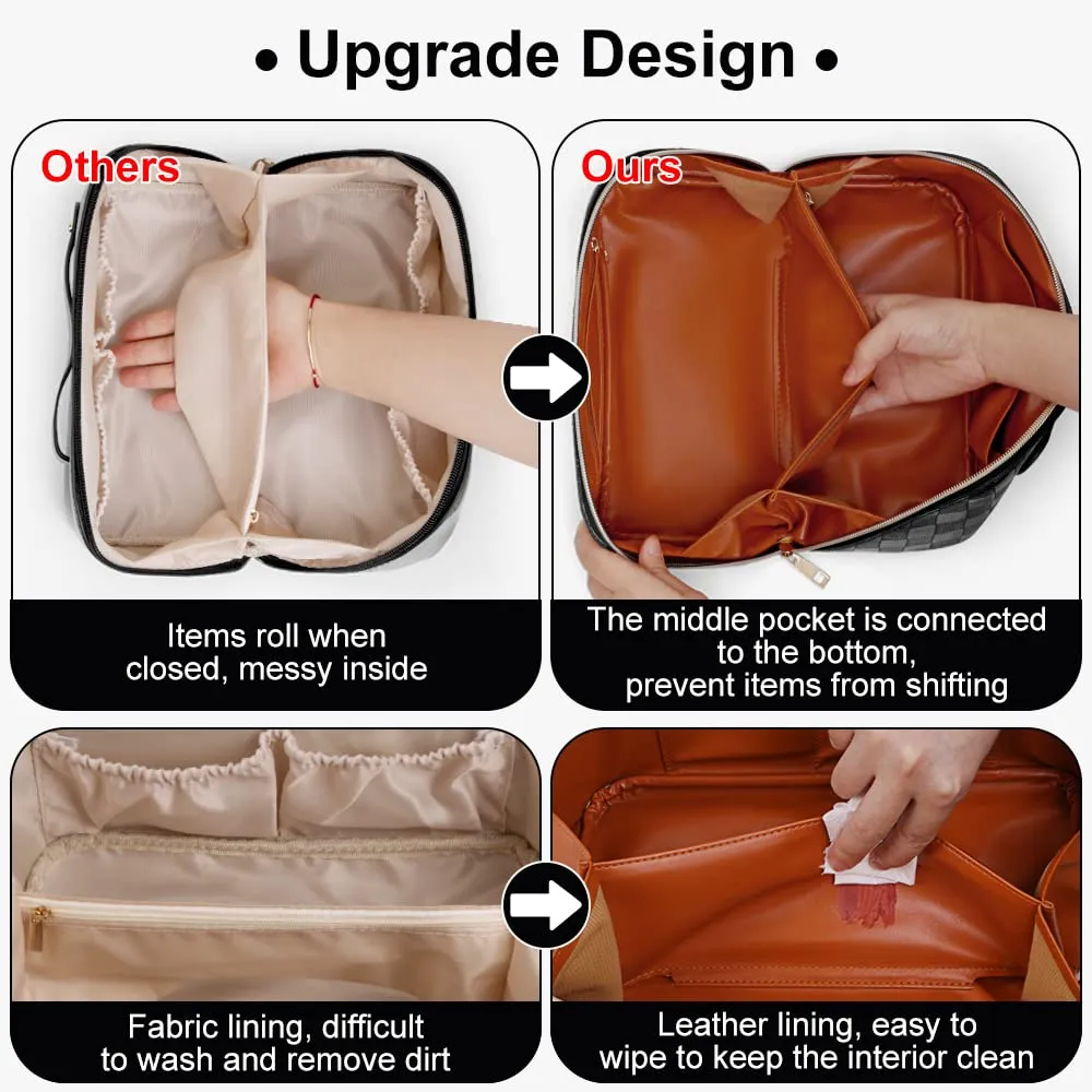 Large Capacity Travel Cosmetic Bag Plaid Checkered Makeup Bag Portable Leather Waterproof Skincare Bag with Handle and Divider for Women 01-Black