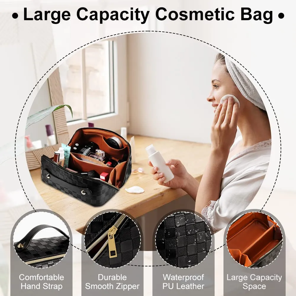 Large Capacity Travel Cosmetic Bag Plaid Checkered Makeup Bag Portable Leather Waterproof Skincare Bag with Handle and Divider for Women 01-Black
